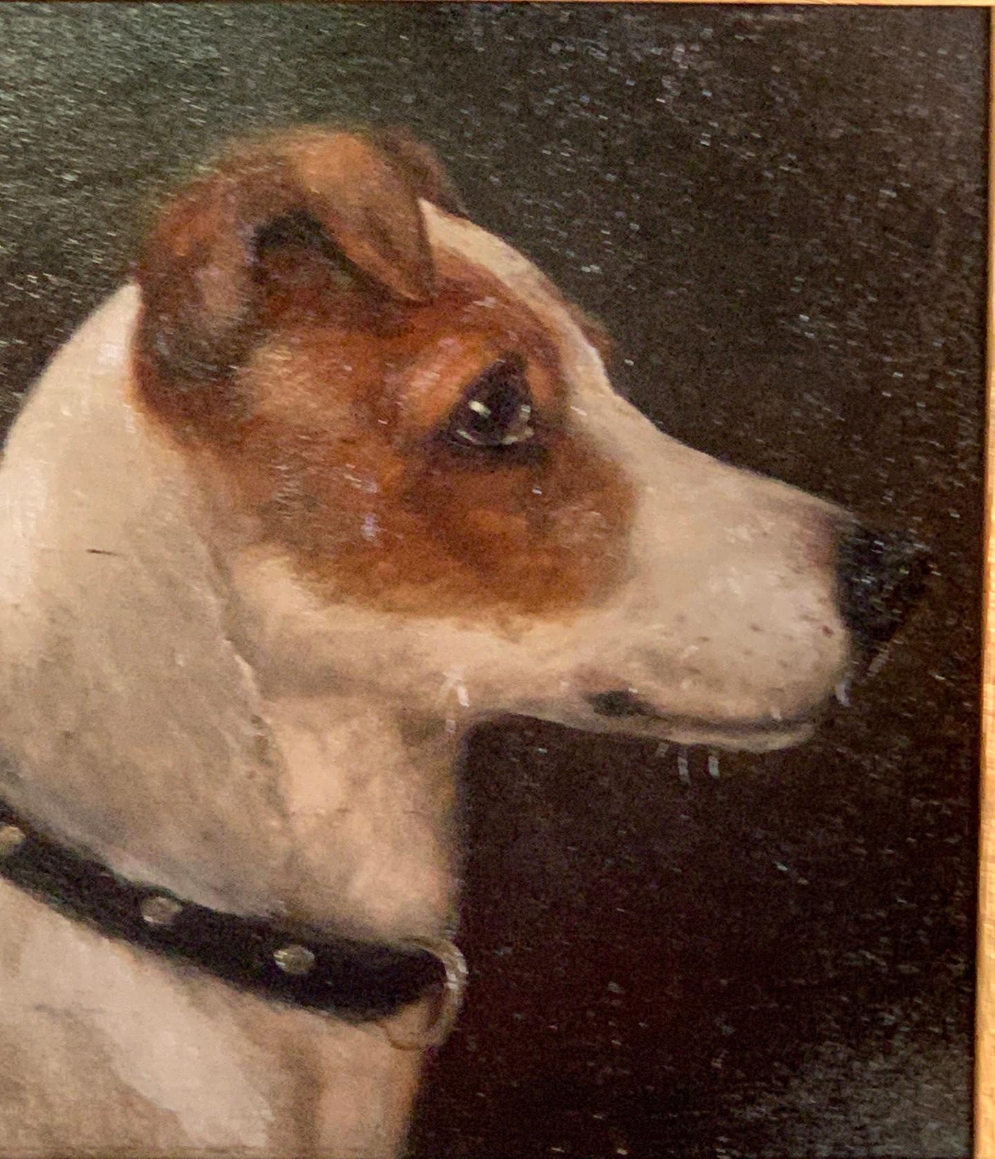 Antique Victorian English oil portrait of a Jack Russell dog - Painting by Edward Aistrop