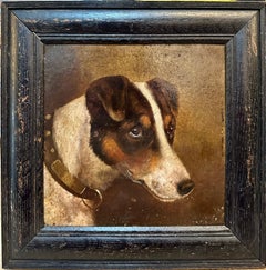 Antico ritratto ad olio inglese vittoriano di un cane Jack Russell