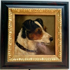 Antico ritratto ad olio inglese vittoriano di un cane Jack Russell