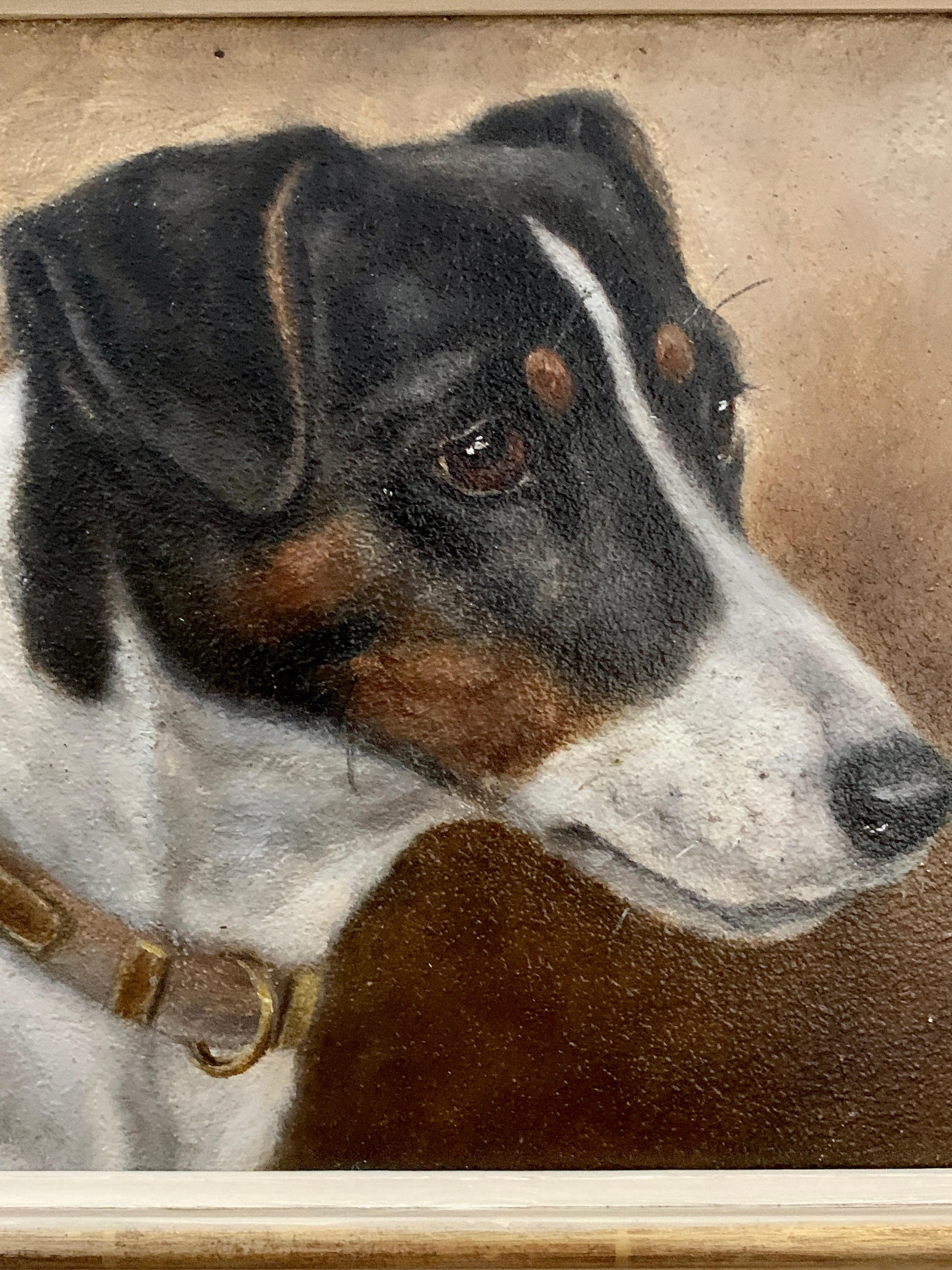 Antique Victorian English oil portrait of a Jack Russell terrier dog - Painting by Edward Aistrop