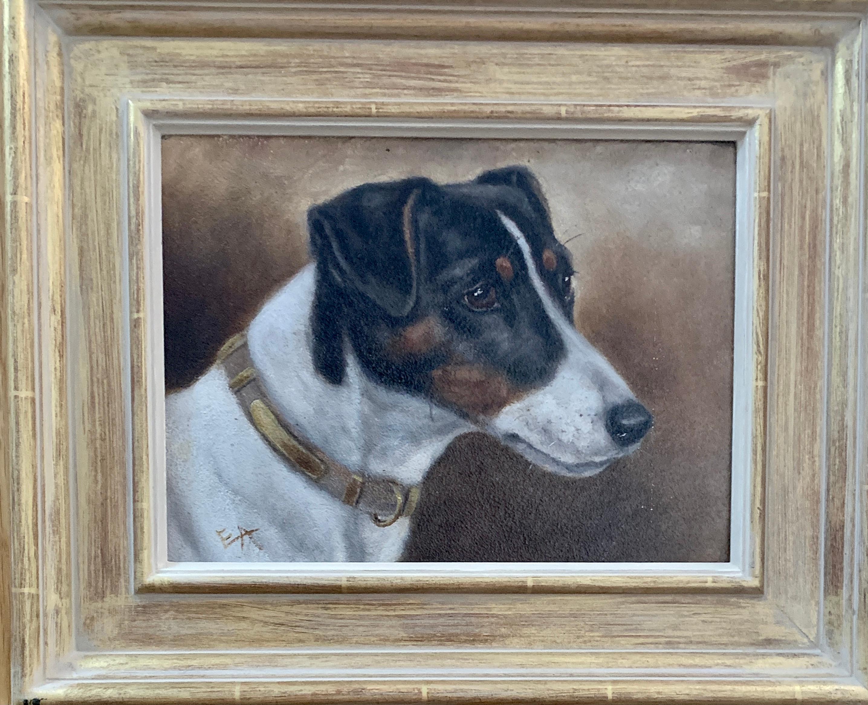 Edward Aistrop Portrait Painting - Antique Victorian English oil portrait of a Jack Russell terrier dog