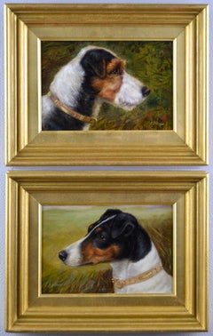 Antique Pair of dog portrait oil paintings of fox terriers