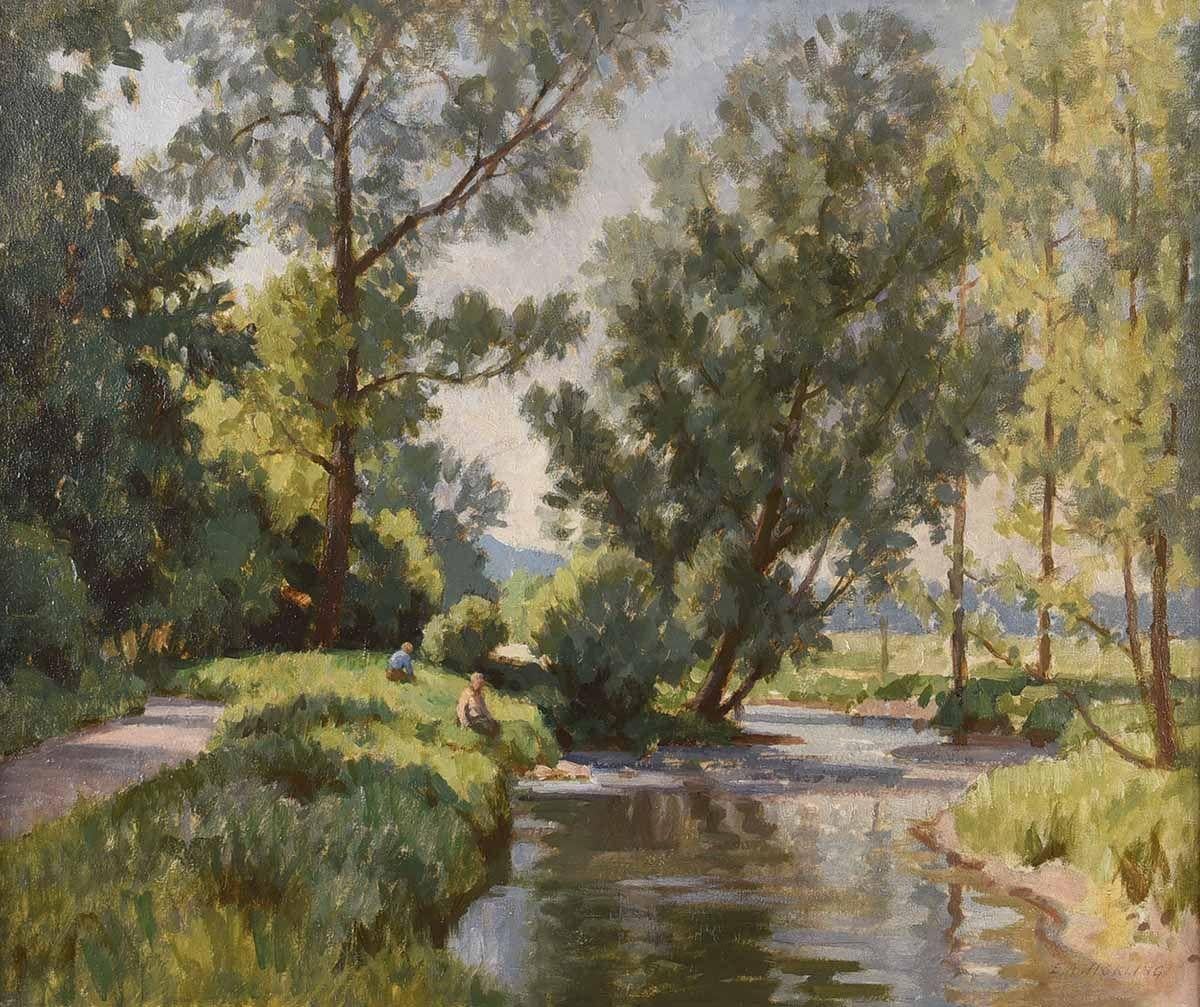 Pittura a olio di figure lungo un fiume alberato nell'estate irlandese di un artista britannico - Painting di Edward Albert Hickling