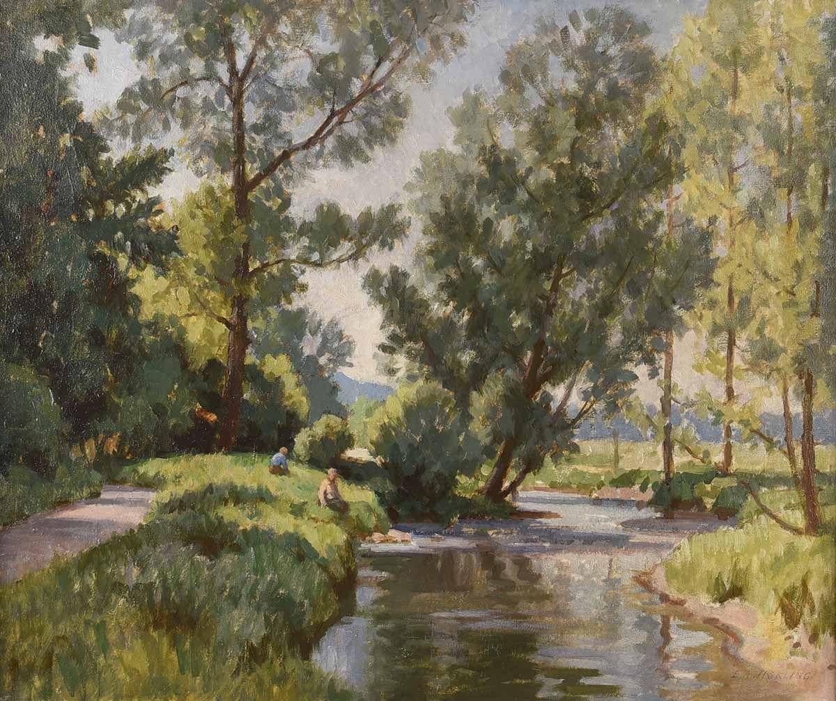 Oil Painting of Figures by a Tree Lined River in Irish Summer by British Artist - Gray Figurative Painting by Edward Albert Hickling