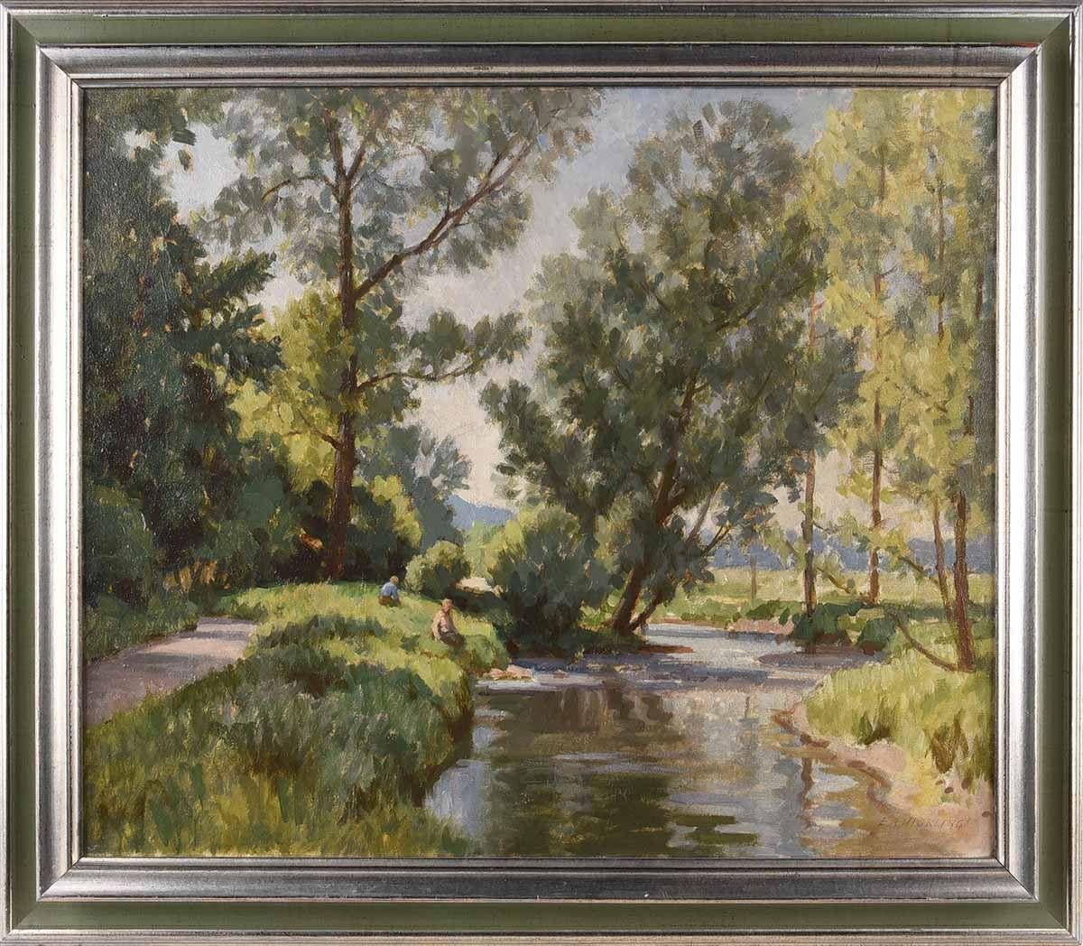 Edward Albert Hickling Figurative Painting - Oil Painting of Figures by a Tree Lined River in Irish Summer by British Artist