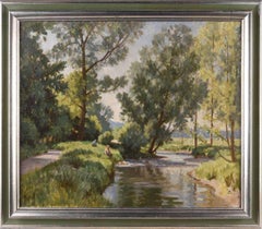 Peinture à l'huile d'une rivière bordée d'arbres en été irlandais par un artiste britannique
