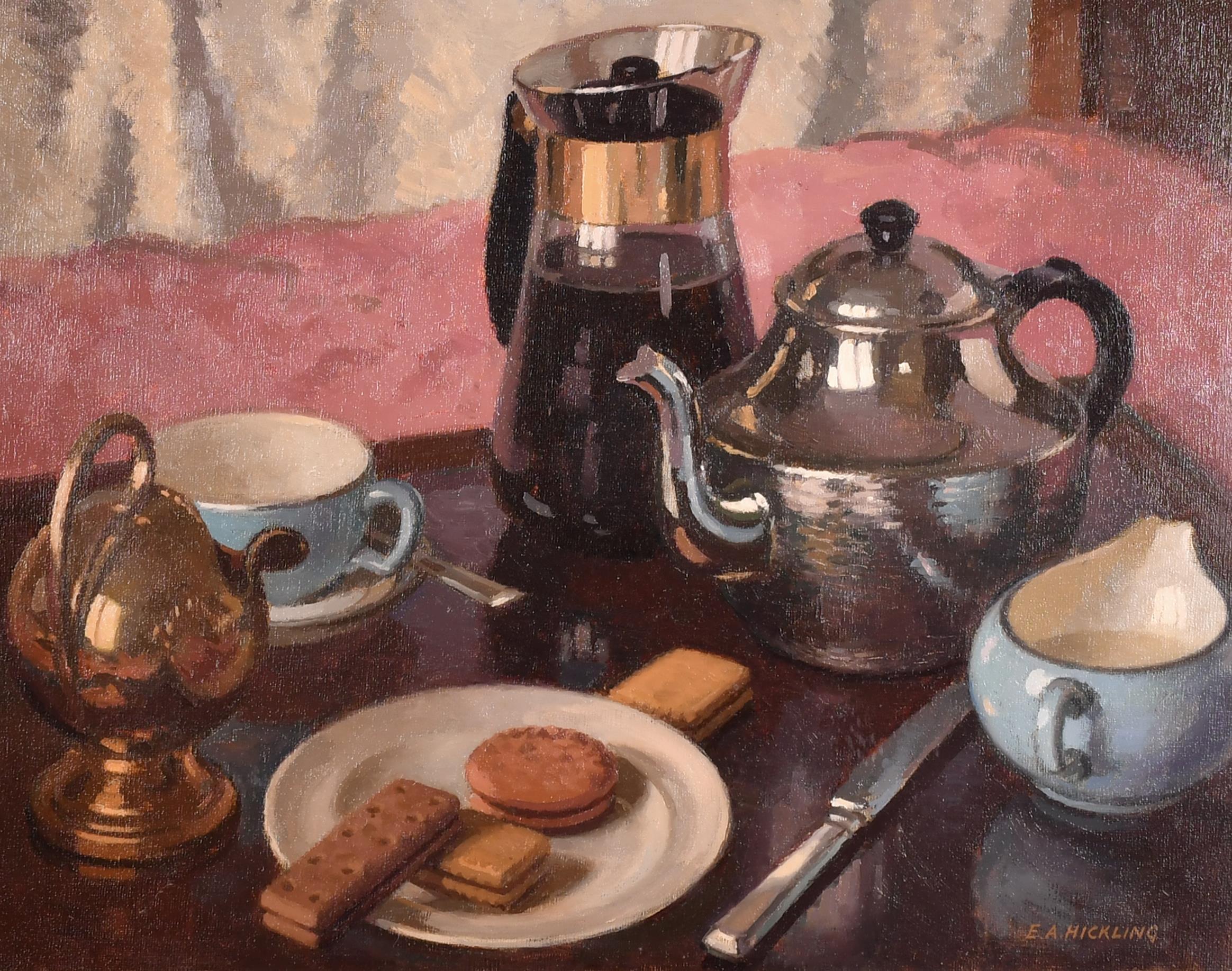 Tee oder Kaffee – Englisches Stillleben des mittleren 20. Jahrhunderts, Öl auf Karton, Gemälde – Painting von Edward Albert Hickling
