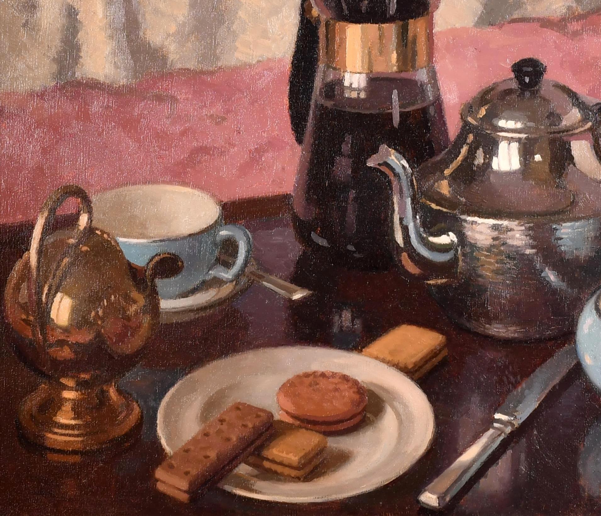 Tea or Coffee - Mid 20th Century English Still Life Oil on Board Painting For Sale 1