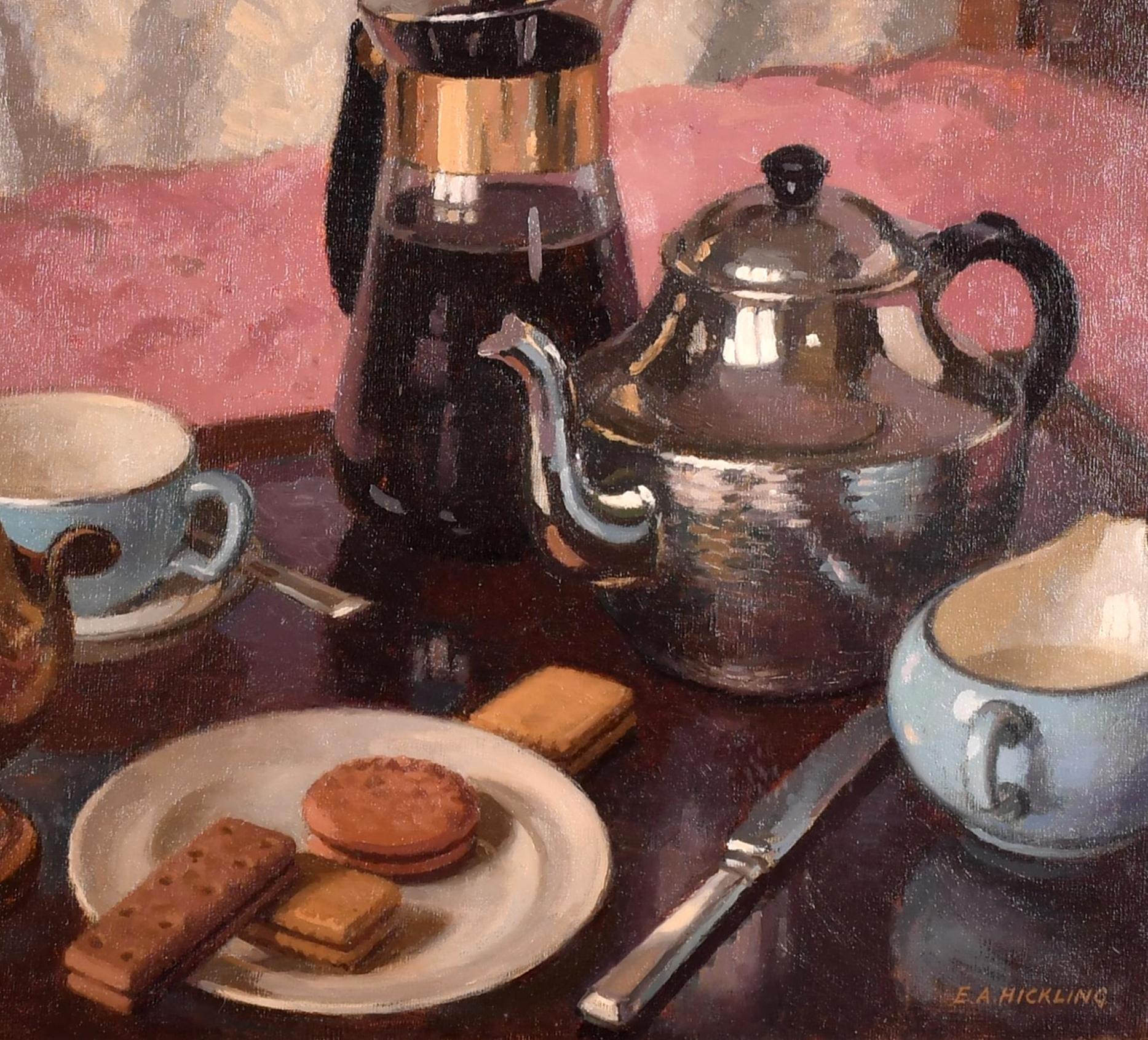 Tee oder Kaffee – Englisches Stillleben des mittleren 20. Jahrhunderts, Öl auf Karton, Gemälde im Angebot 1
