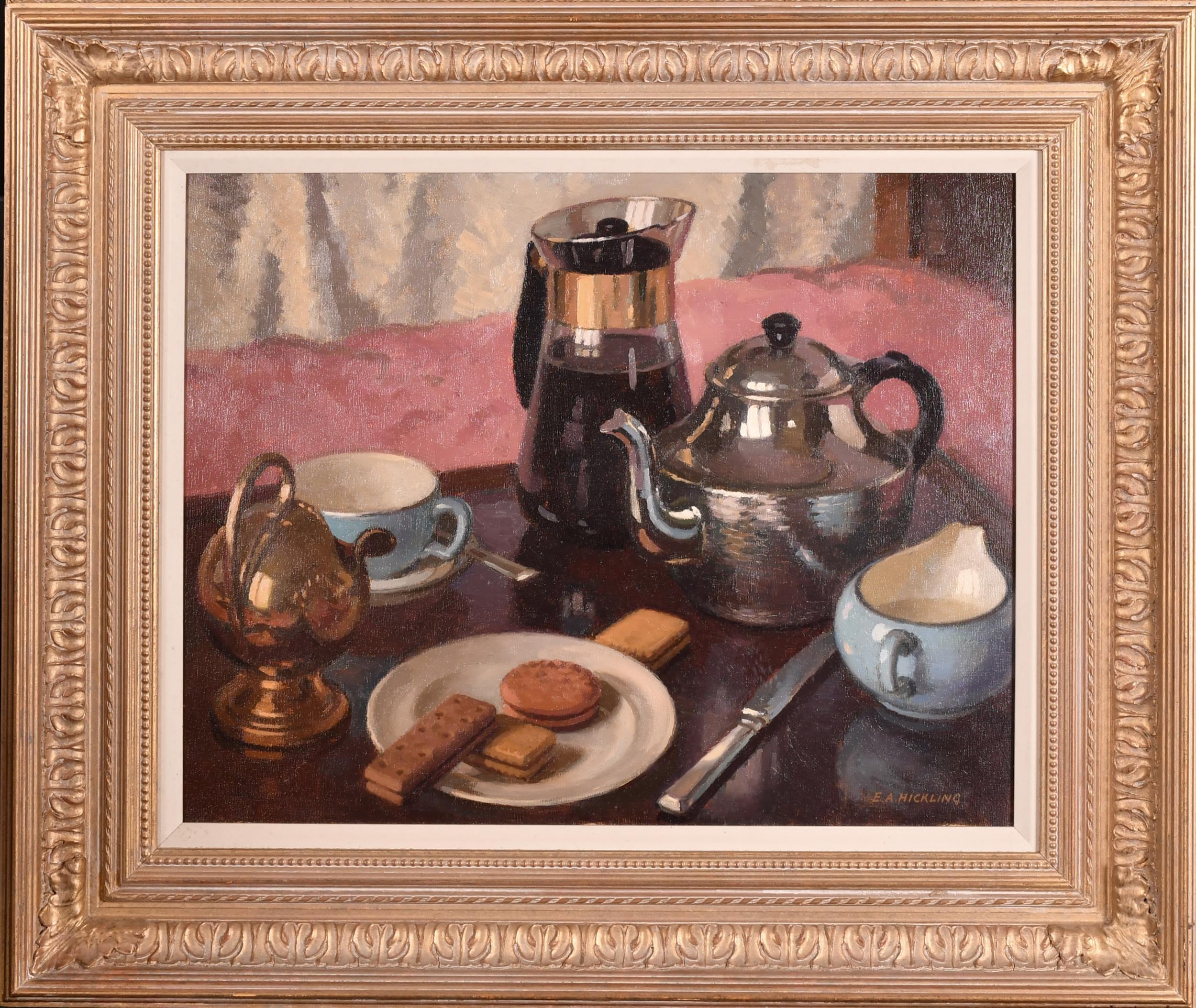 Edward Albert Hickling Still-Life Painting – Tee oder Kaffee – Englisches Stillleben des mittleren 20. Jahrhunderts, Öl auf Karton, Gemälde