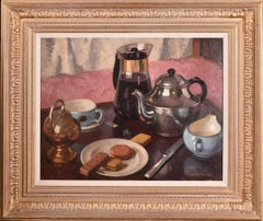 Tee oder Kaffee – Englisches Stillleben des mittleren 20. Jahrhunderts, Öl auf Karton, Gemälde