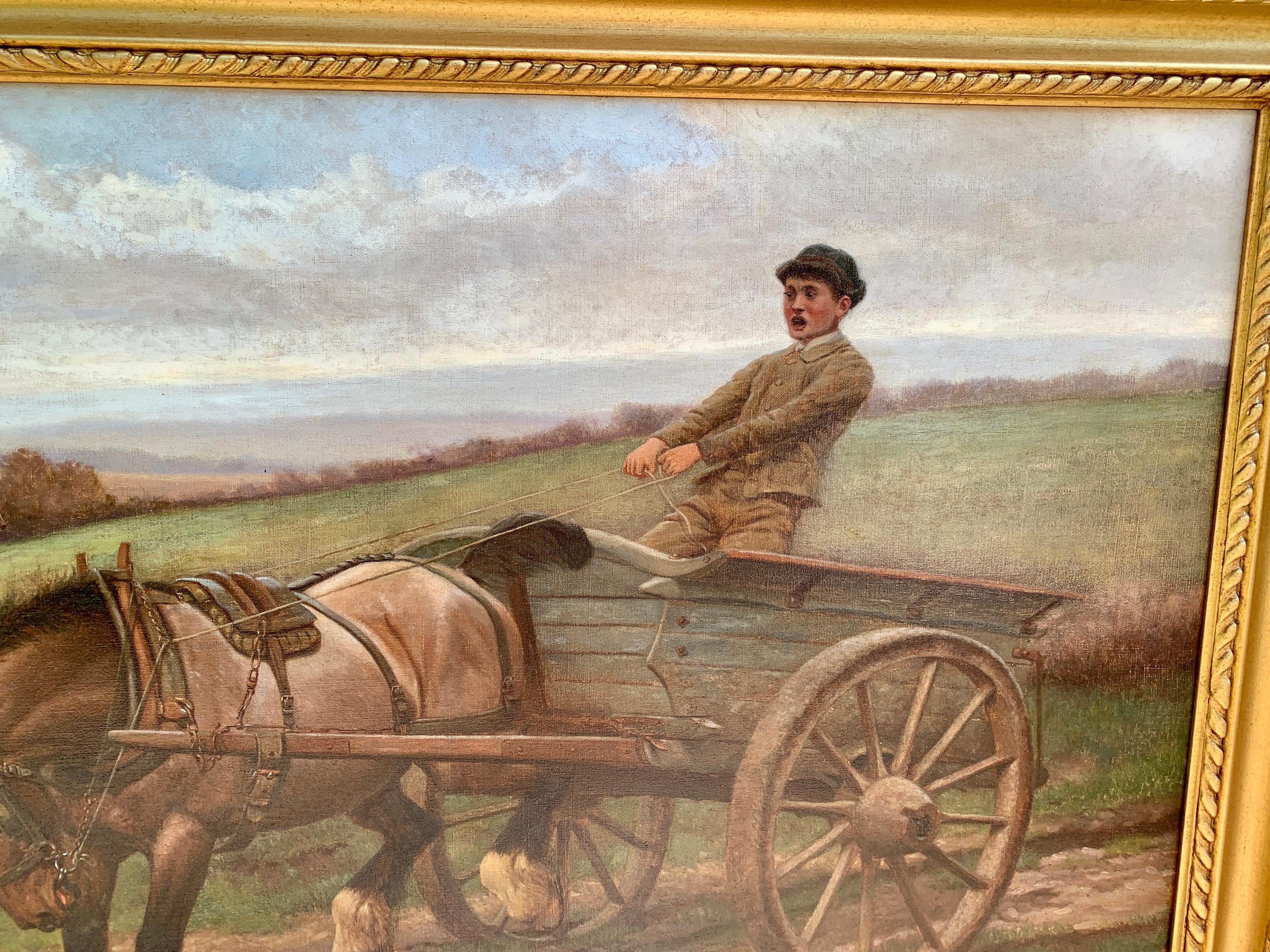 Englische Fuchshunde, Jagdhunde, Pferd und Wagen aus der Landschaft des frühen 20. Jahrhunderts – Painting von Edward Algernon Stuart Douglas