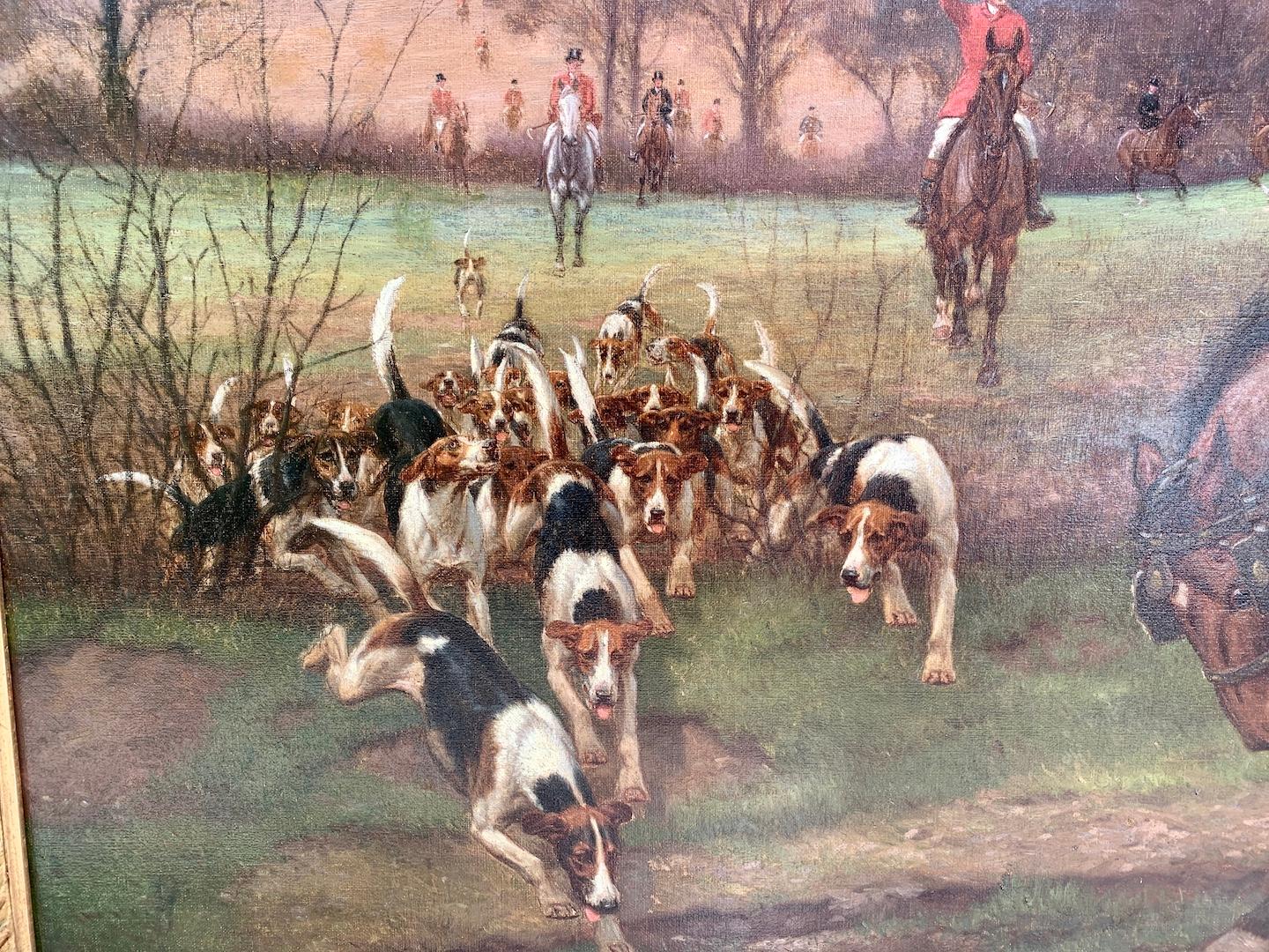 Englische Fuchshunde, Jagdhunde, Pferd und Wagen aus der Landschaft des frühen 20. Jahrhunderts (Braun), Animal Painting, von Edward Algernon Stuart Douglas