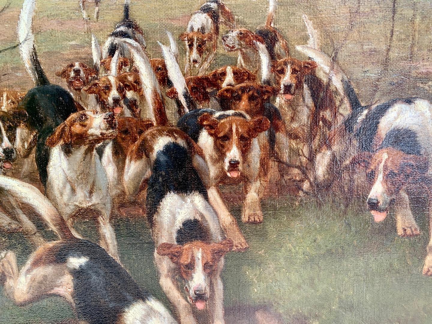 Early 20th century English Fox Hounds, Huntsmen &, horse and cart in landscape - Victorian Painting by Edward Algernon Stuart Douglas