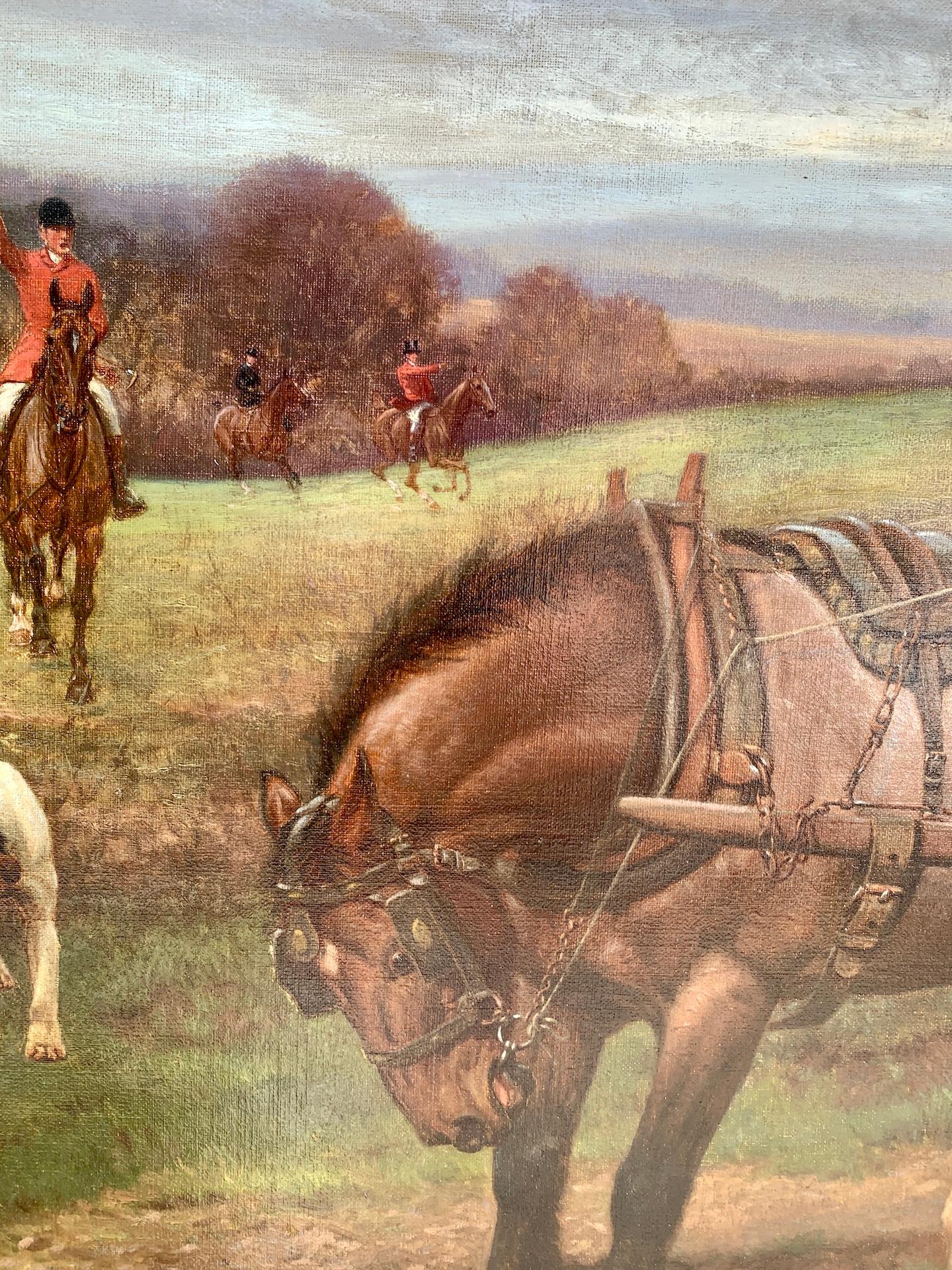 Early 20th century English Fox Hounds, Huntsmen &, horse and cart in landscape For Sale 1