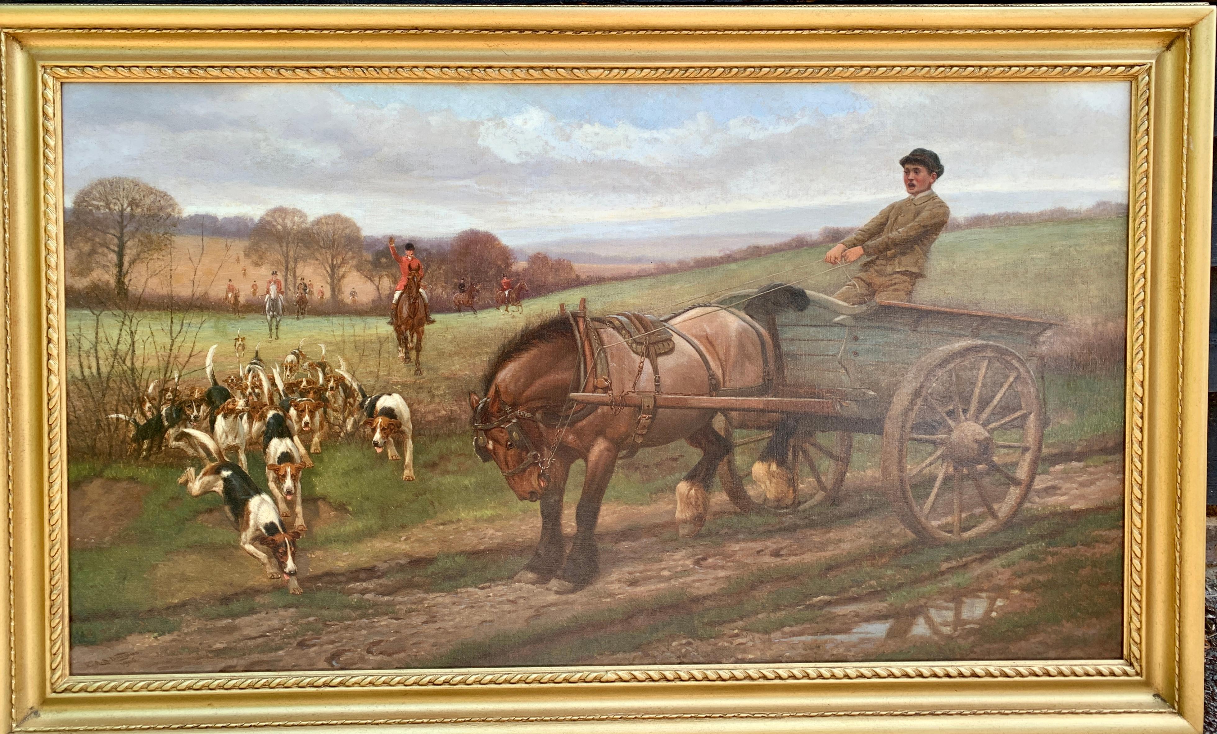 Edward Algernon Stuart Douglas Animal Painting - Early 20th century English Fox Hounds, Huntsmen &, horse and cart in landscape