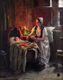 Peinture à l'huile de genre du XIXe siècle représentant une mère et un bébé