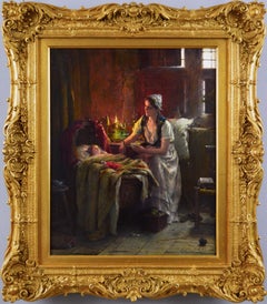 19th Century genre oil painting of a mother and baby