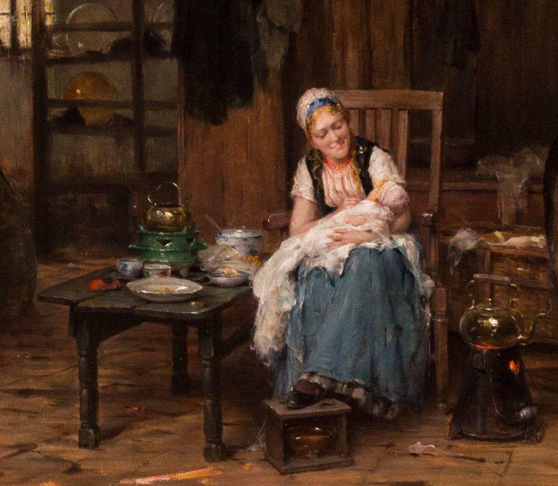 Edward Portielje (Belgian, 1861 – 1949)
A Doting mother in the kitchen
Signed ‘Edward Portielje’ (lower right)
Oil on canvas
25.3/4 x 36in. (65.5 x 91.5cm.) (unframed)
41.1/8 x 51.1/2in. (105 x 131cm.) (framed)

Edward Antoon Portielje, a late