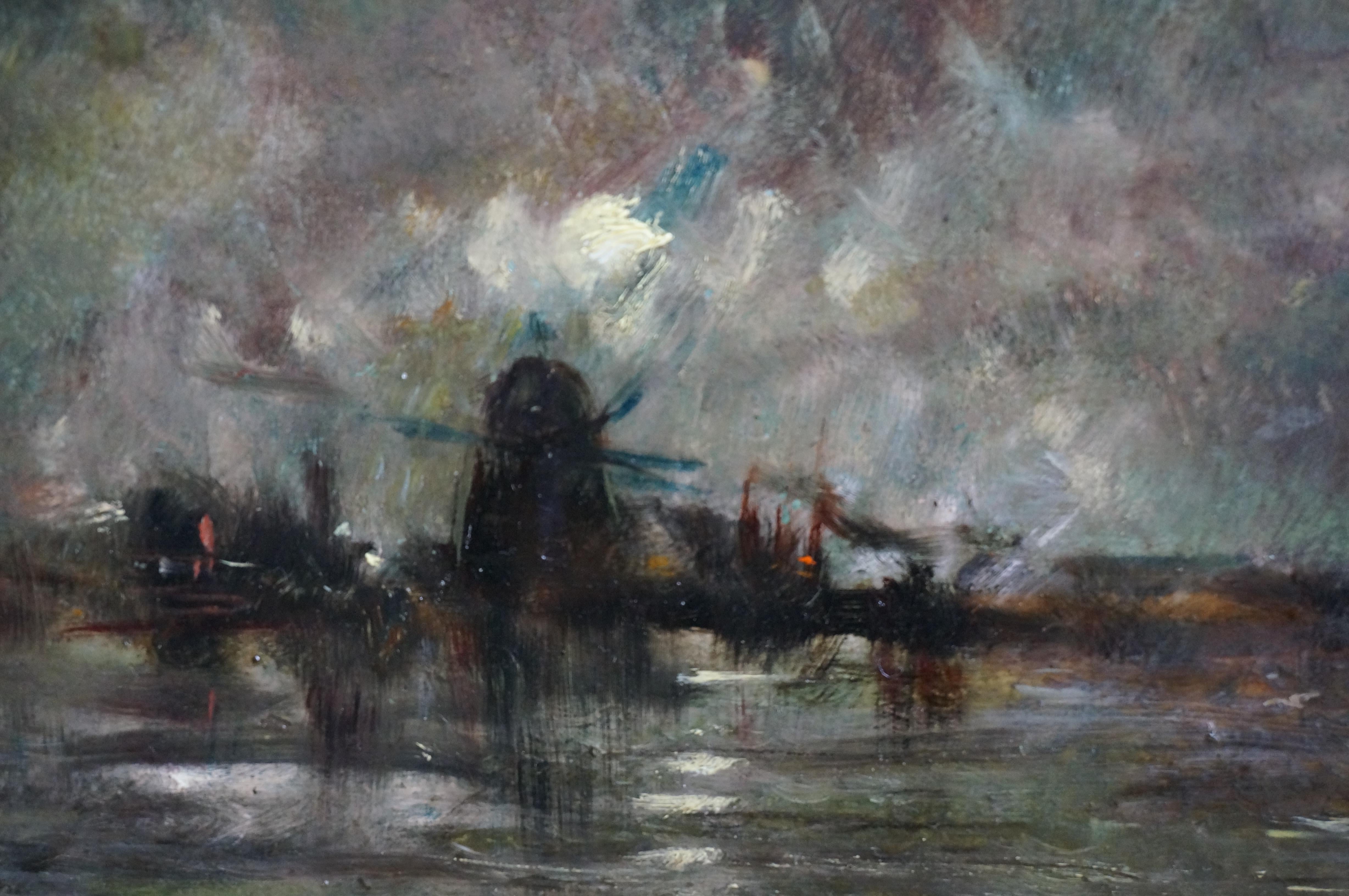 Niederländische Flusslandschaft mit Windmühlen, impressionistisch, Öl auf Tafel, doppelt signiert im Angebot 6