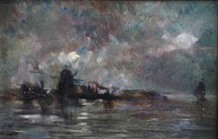 Paysage fluvial hollandais avec moulin à vent, impressionniste, huile sur panneau, double signé