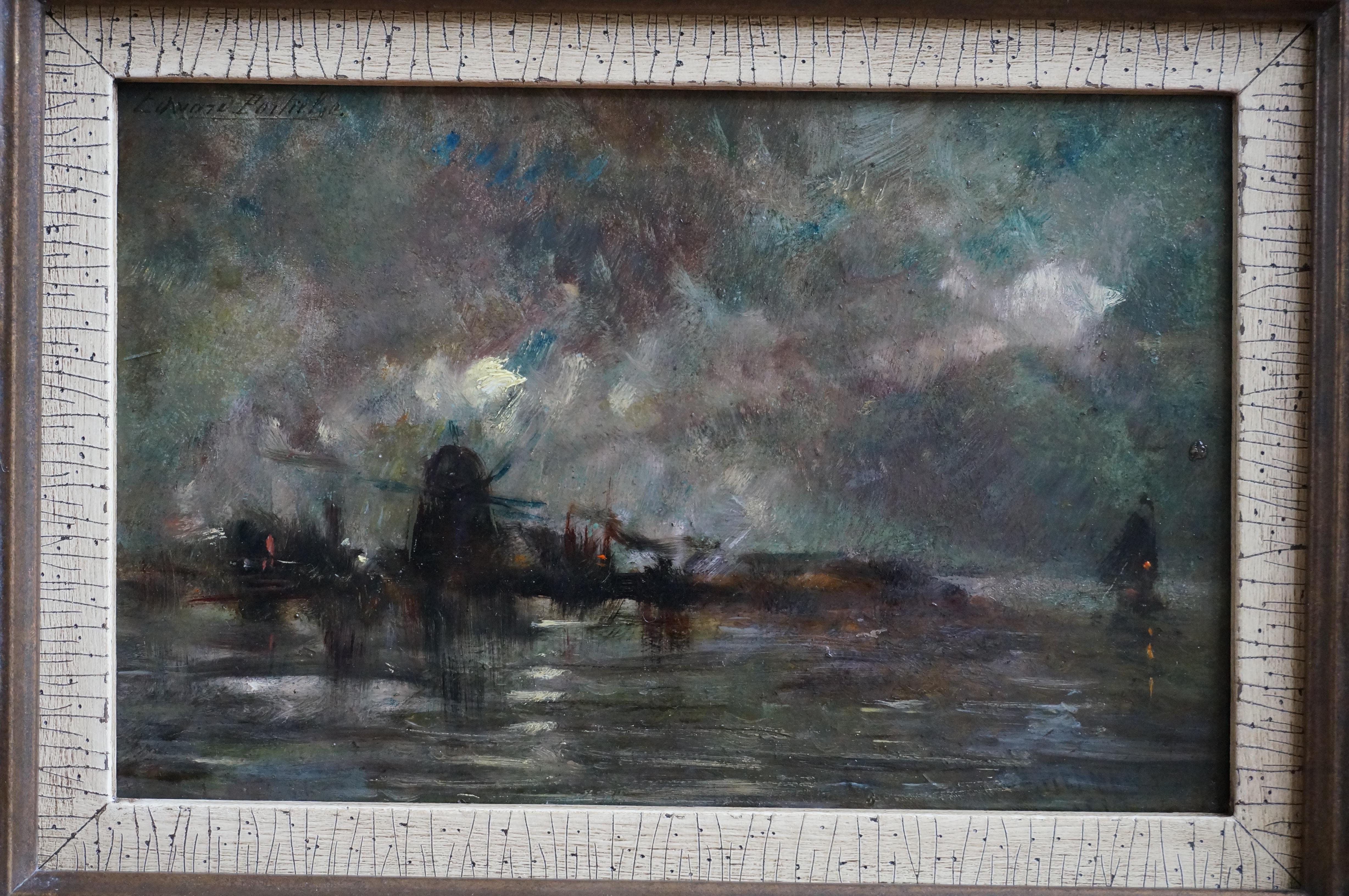 Niederländische Flusslandschaft mit Windmühlen, impressionistisch, Öl auf Tafel, doppelt signiert im Angebot 8