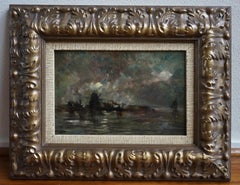 Paisaje fluvial holandés con molino de viento, impresionista, óleo sobre tabla, doblemente firmado