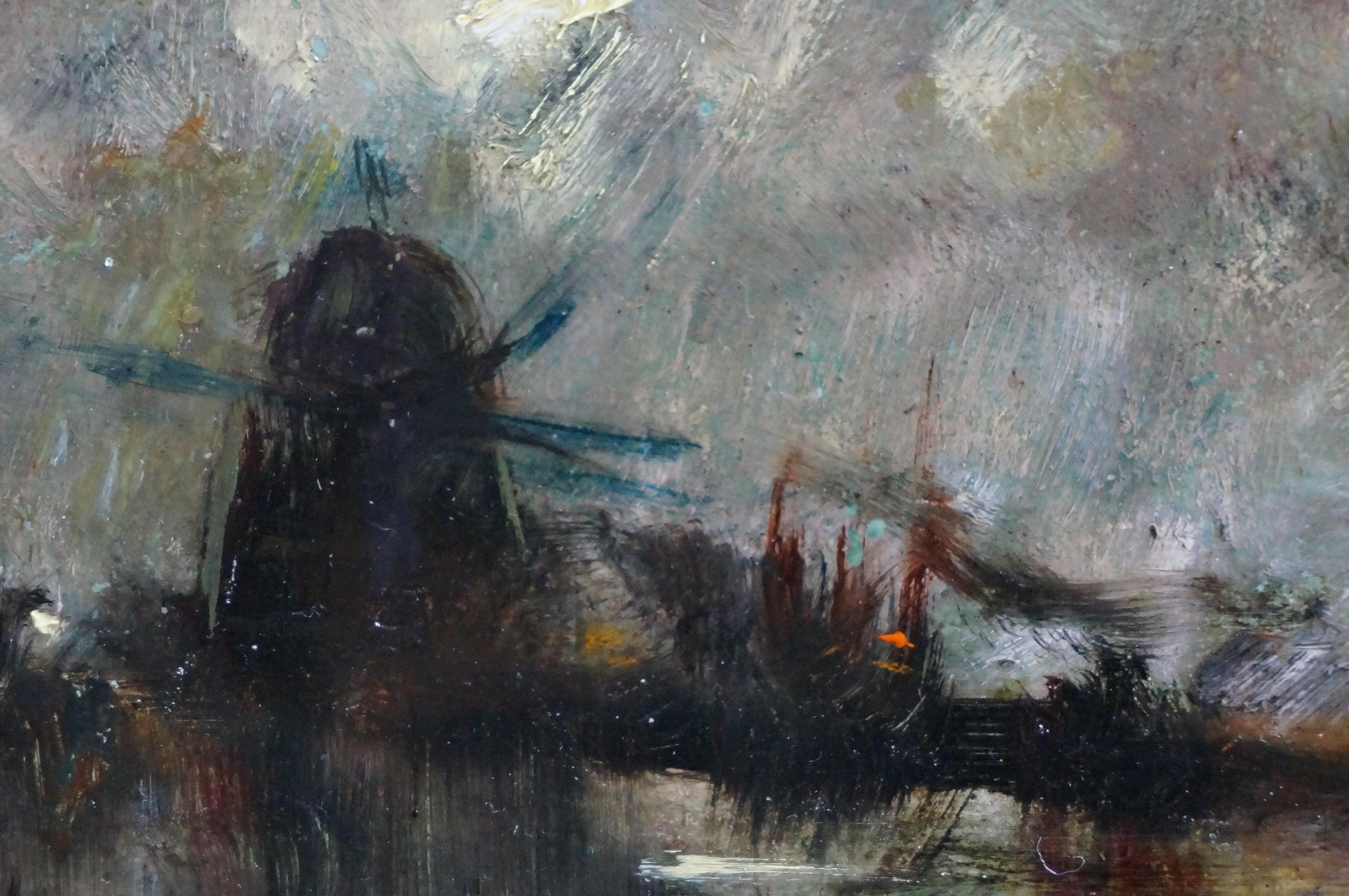 Niederländische Flusslandschaft mit Windmühlen, impressionistisch, Öl auf Tafel, doppelt signiert (Impressionismus), Painting, von Edward Antoon Portielje