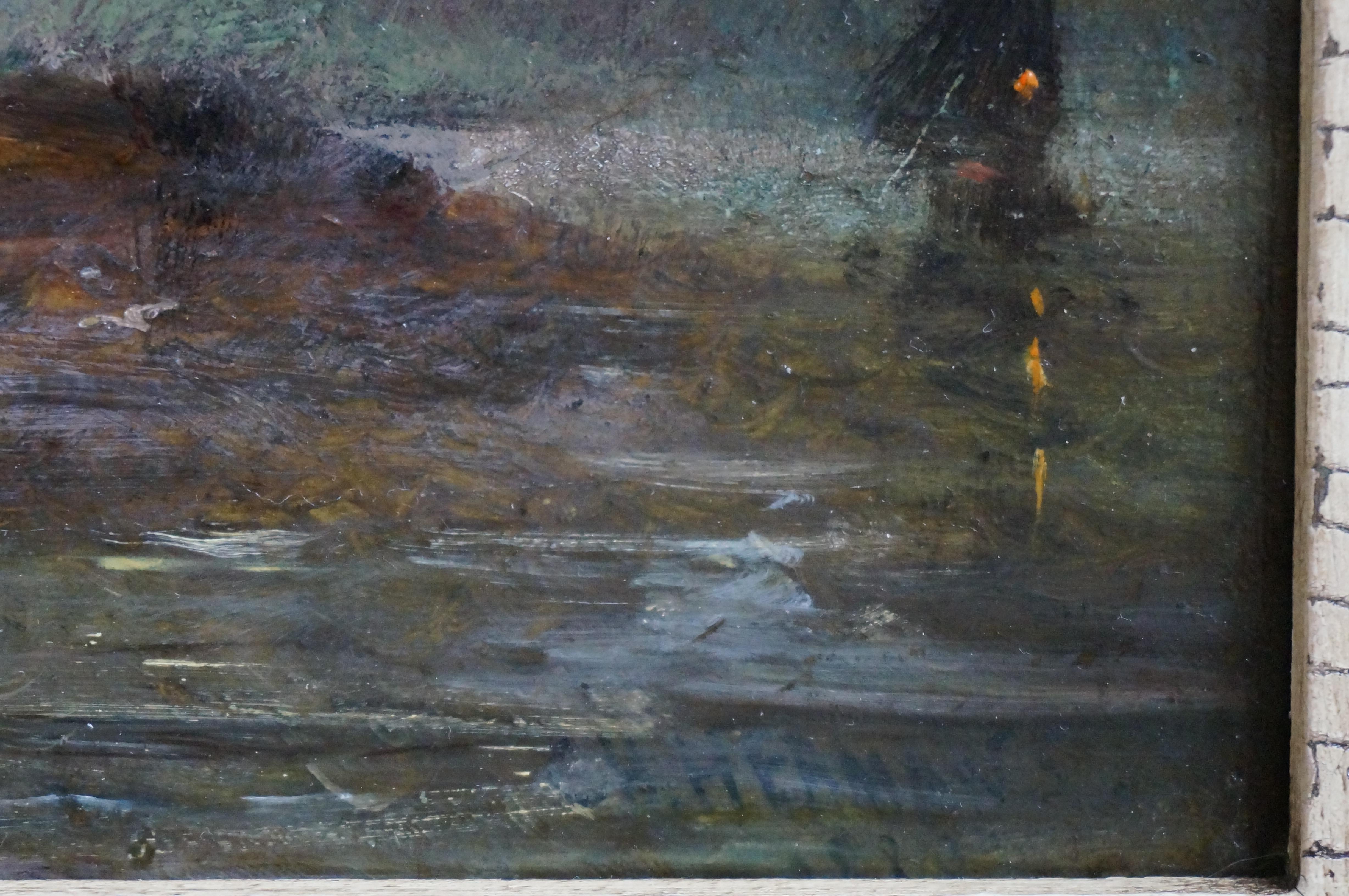 Paysage fluvial hollandais avec moulin à vent, impressionniste, huile sur panneau, double signé en vente 3