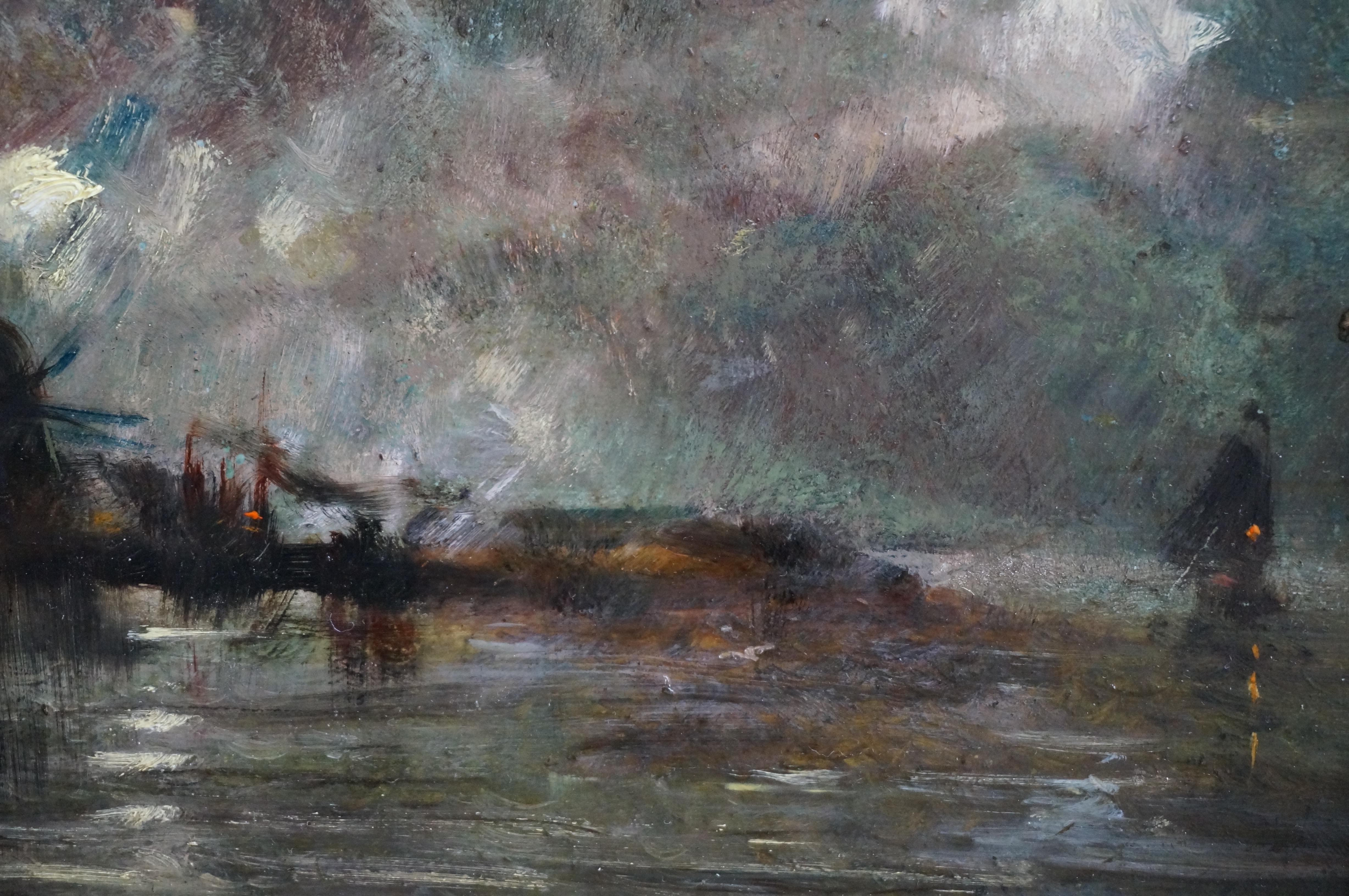 Paysage fluvial hollandais avec moulin à vent, impressionniste, huile sur panneau, double signé en vente 5