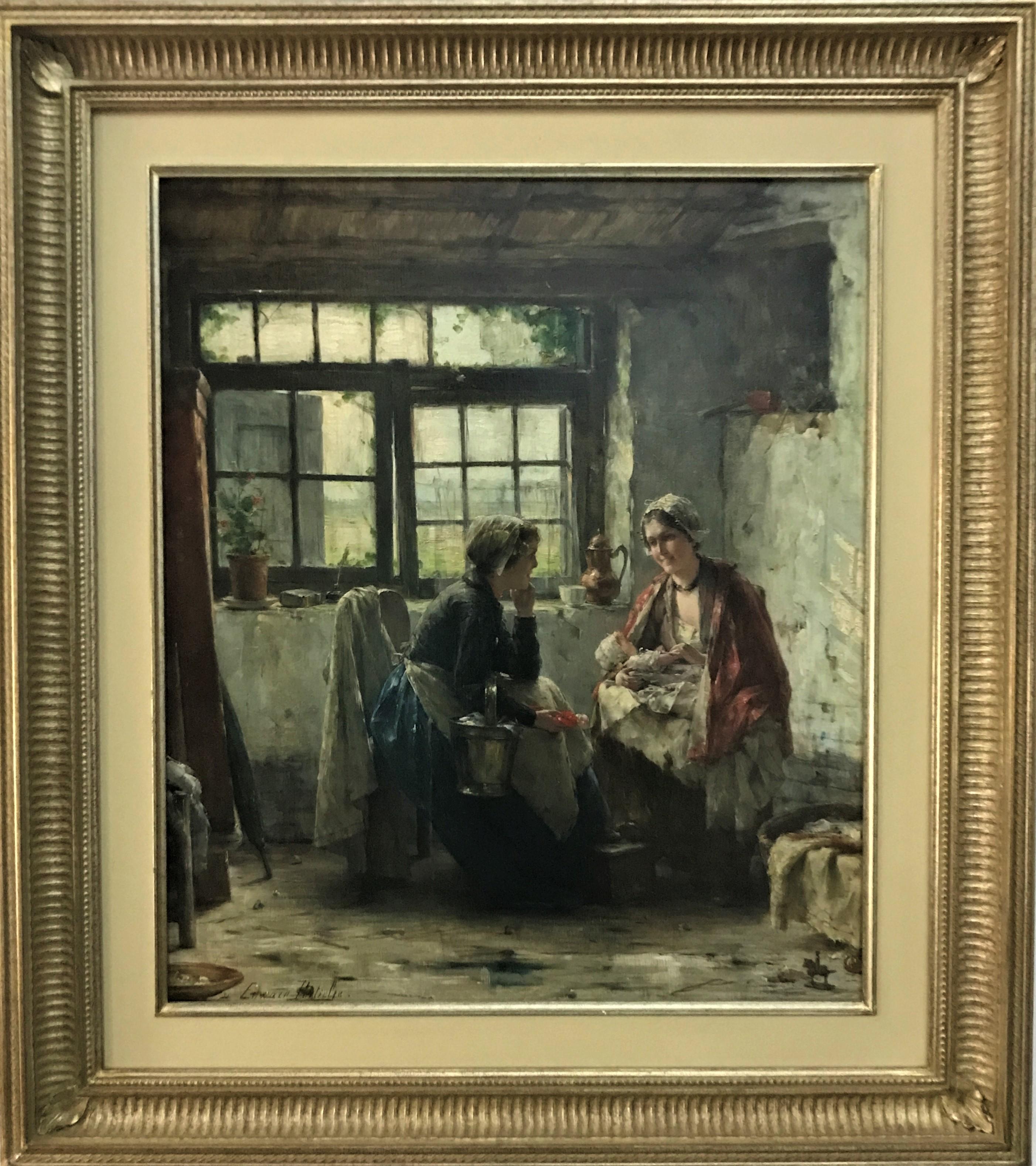 Two young women conversing in the kitchen, original oil on canvas, circa 1920 - Painting by Edward Antoon Portielje