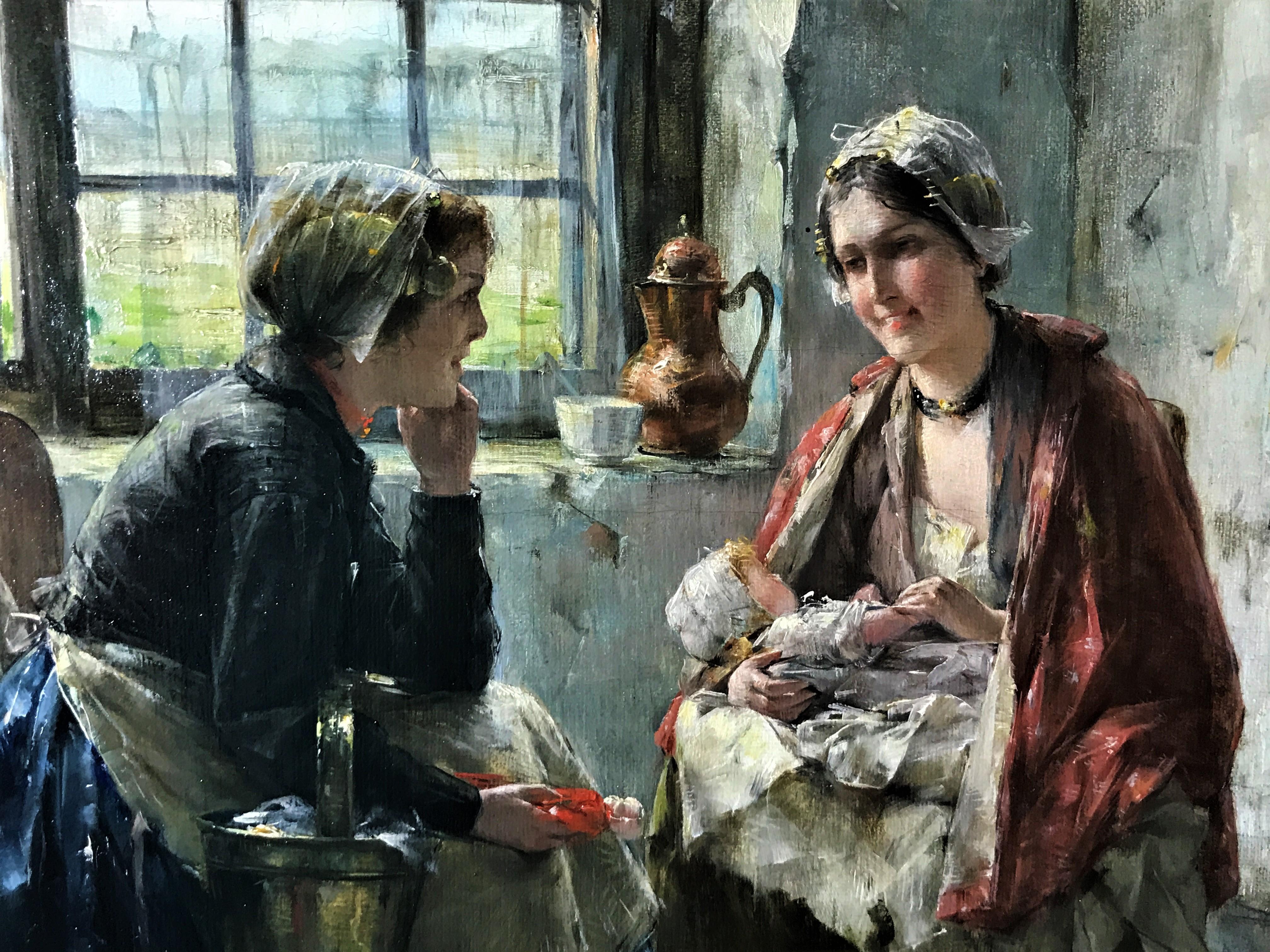 Deux jeunes femmes partageant des conversations dans la cuisine, huile sur toile originale, vers 1920 - École flamande Painting par Edward Antoon Portielje
