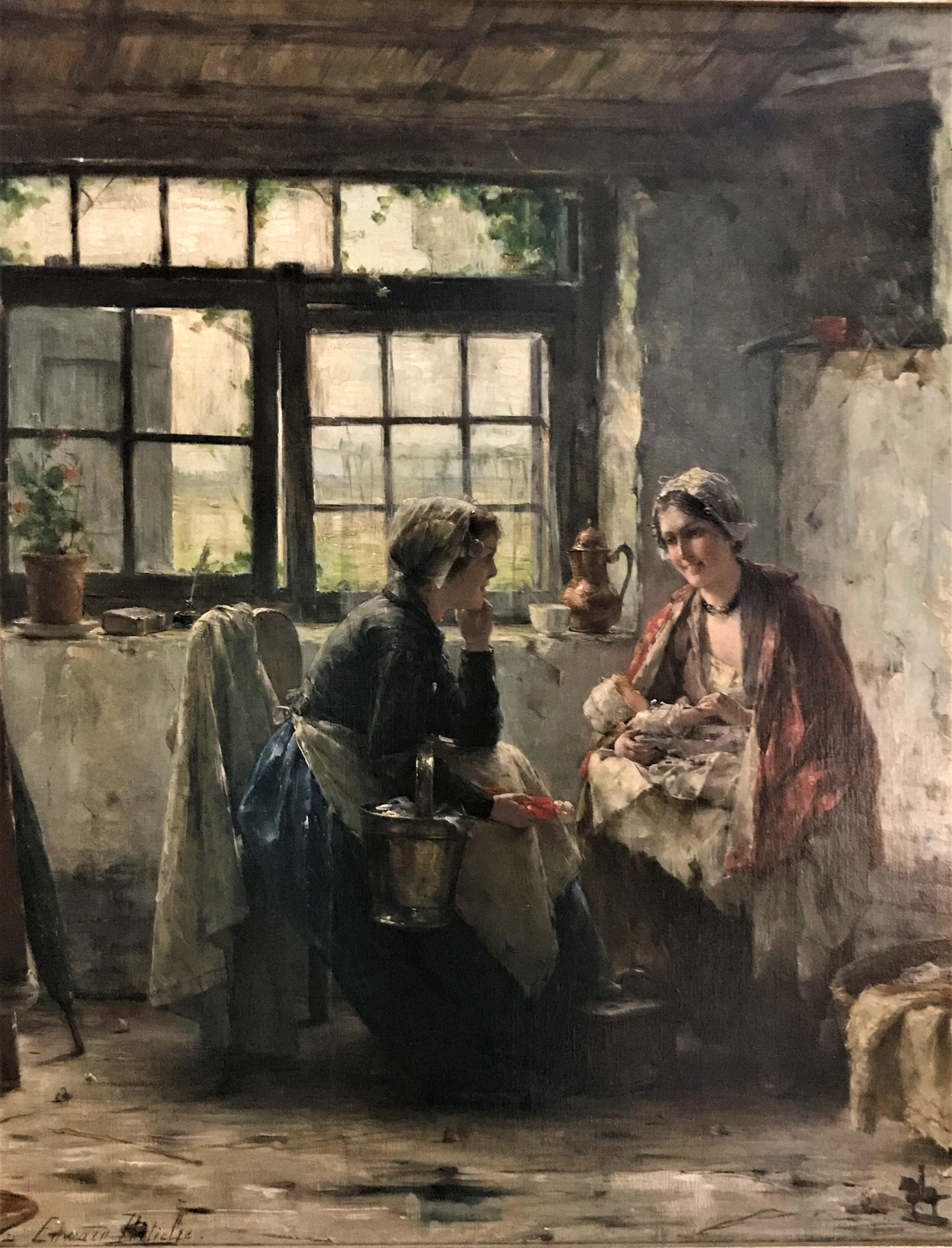 Deux jeunes femmes partageant des conversations dans la cuisine, huile sur toile originale, vers 1920