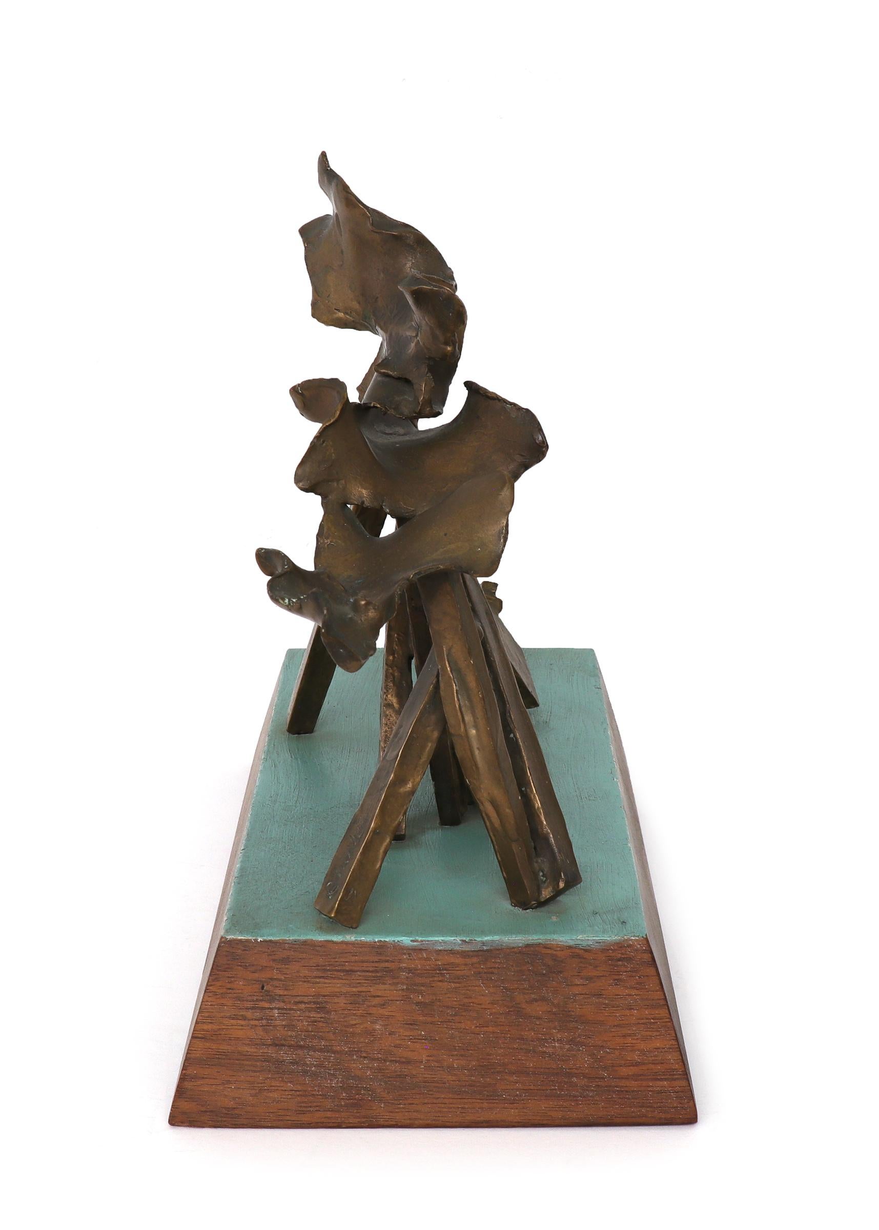 Chama, 1960s Mid Century Modern Abstract Bronze Sculpture with Wooden Base Stand - Gold Still-Life Sculpture by Edward Arcenio Chavez