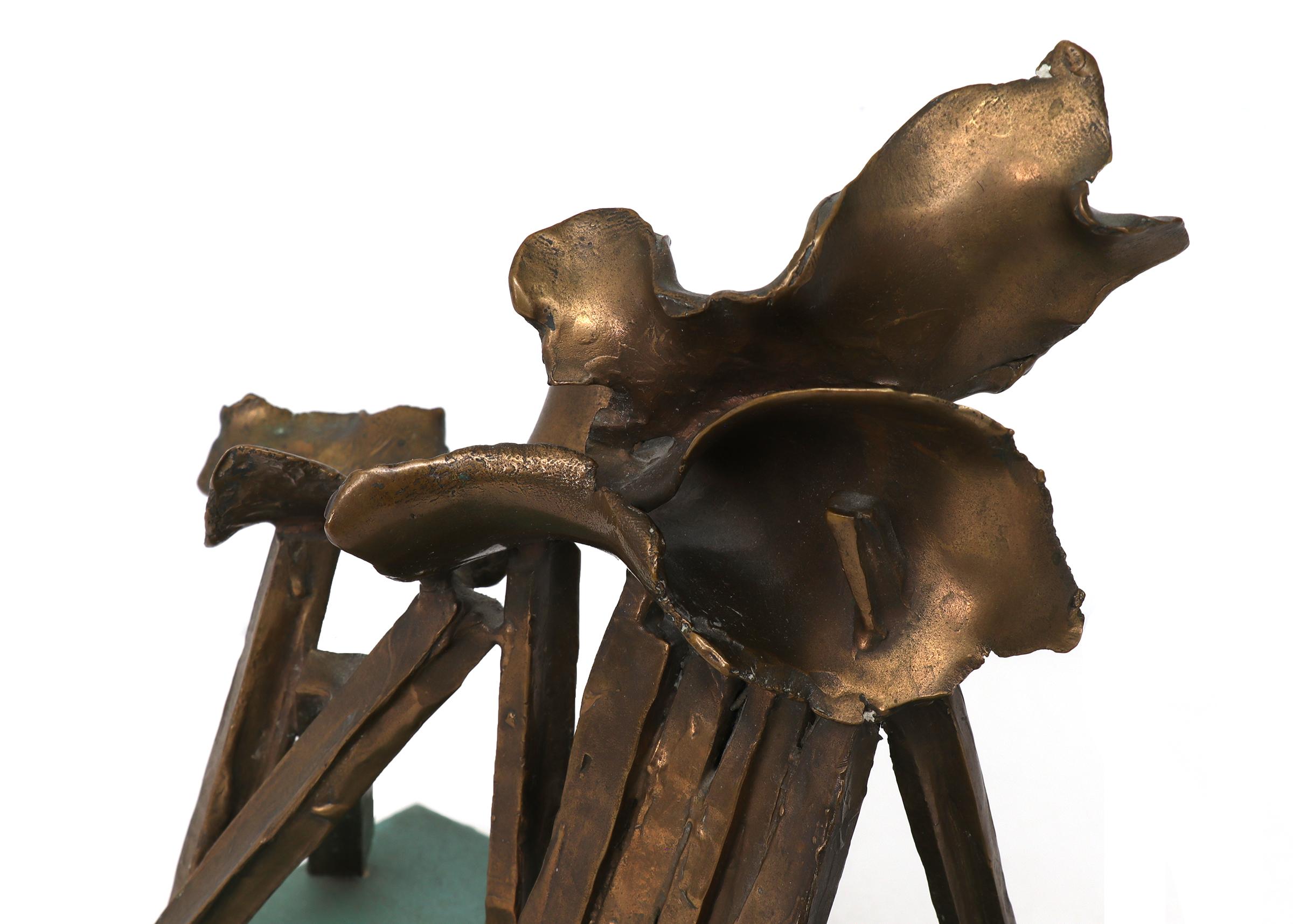 Chama, 1960s Mid Century Modern Abstract Bronze Sculpture with Wooden Base Stand For Sale 2