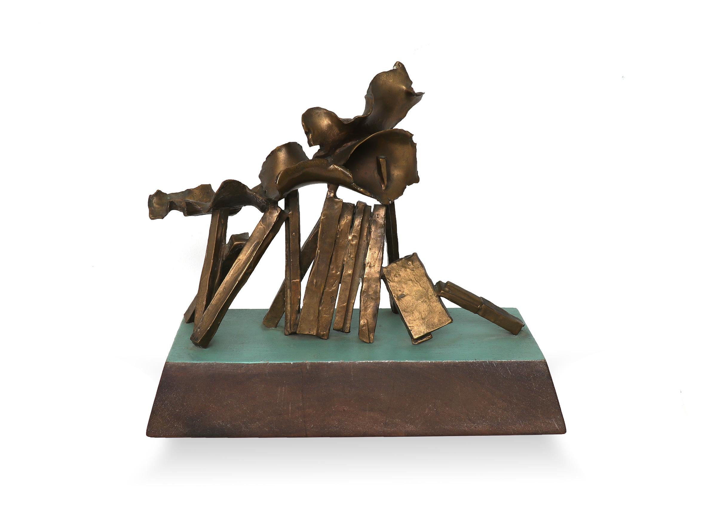 Edward Arcenio Chavez Still-Life Sculpture - Chama, 1960s Mid Century Modern Abstract Bronze Sculpture with Wooden Base Stand