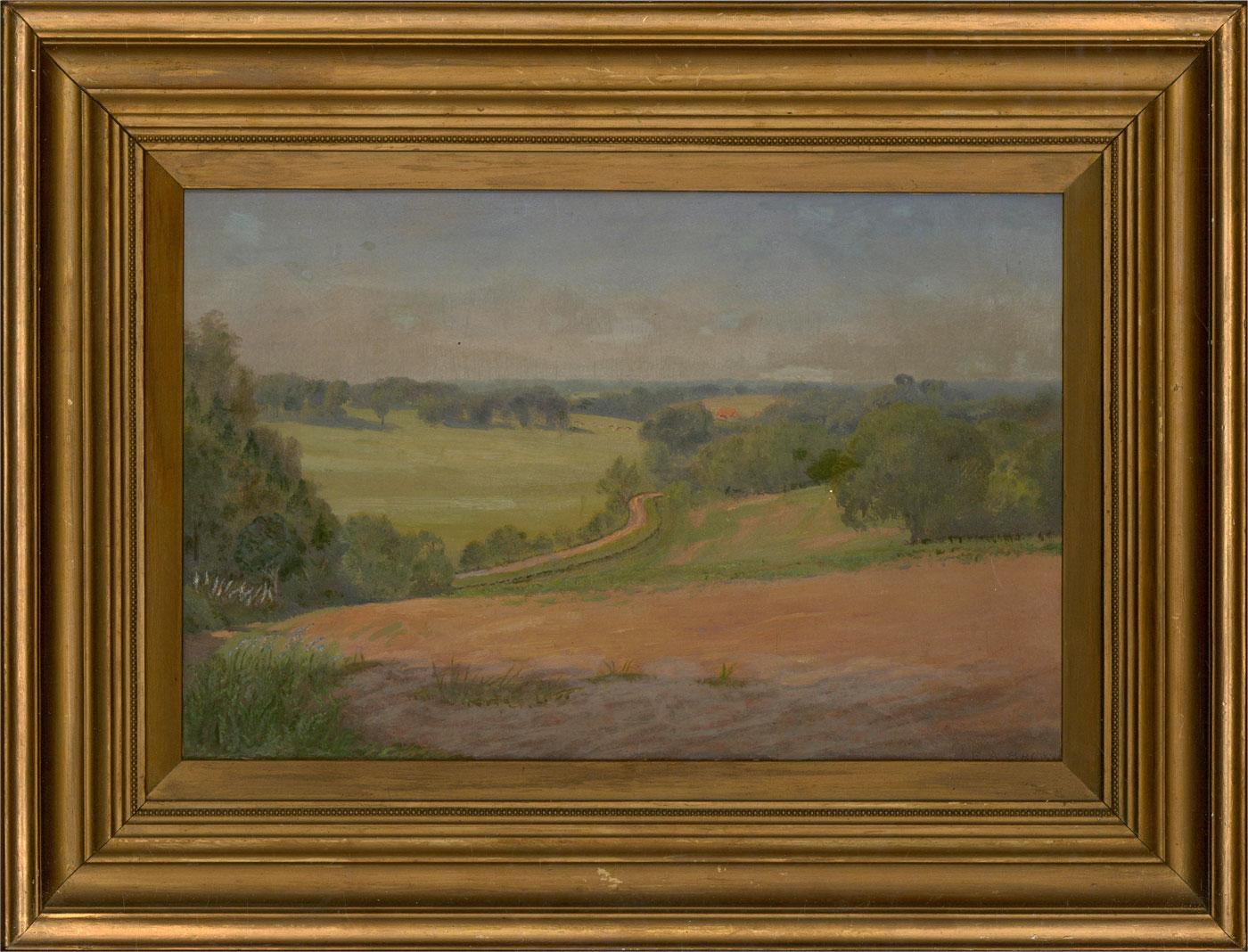 A view on a summer morning near Bengeo, Hertfordshire, of a country track winding through rolling hills. A herd of cattle can be seen grazing in a field in the distance. Presented in a gold-painted wooden frame. Signed to the lower-right edge.