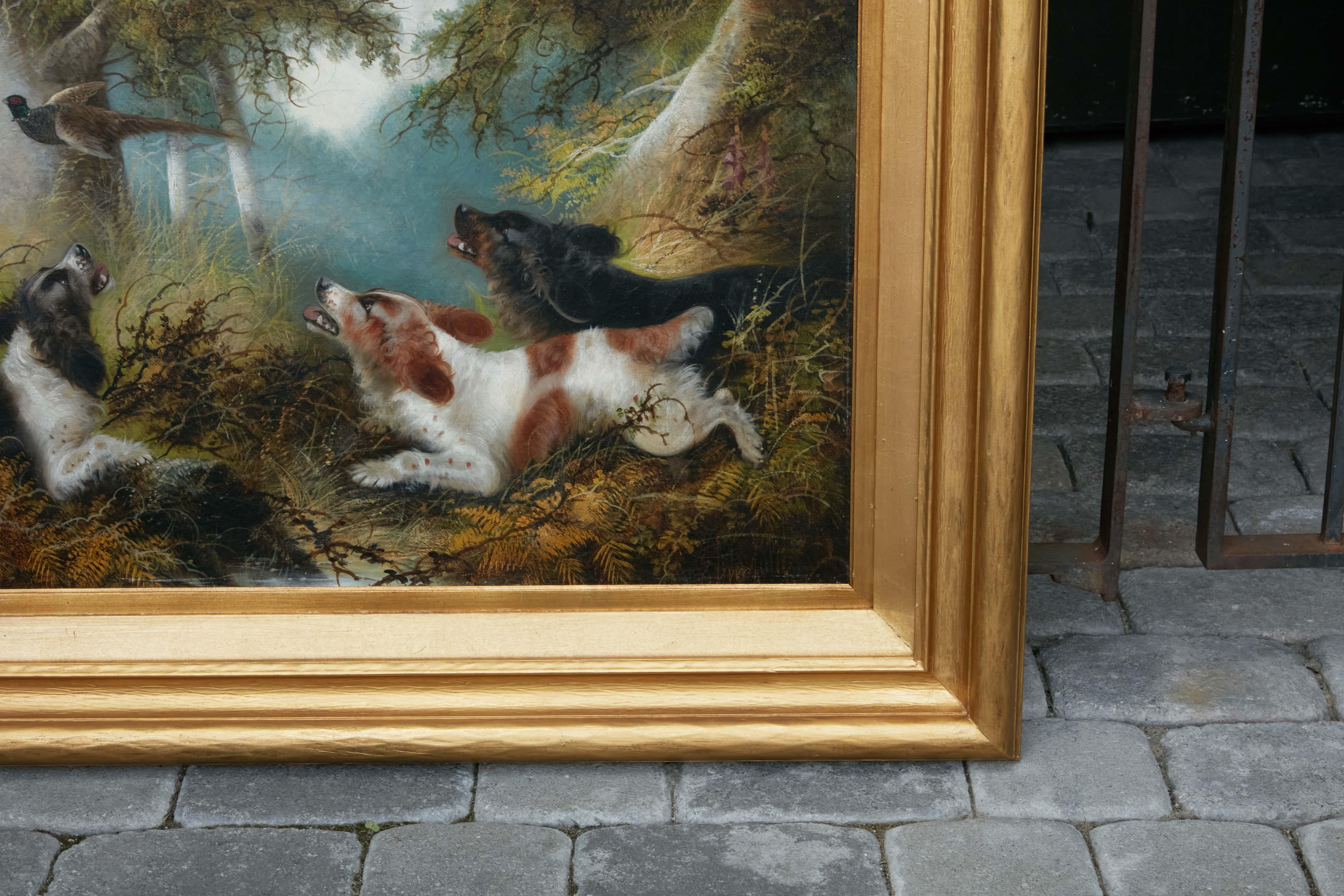 Hand-Painted Edward Armfield 19th Century Oil Painting Depicting Dogs Flushing a Pheasant For Sale