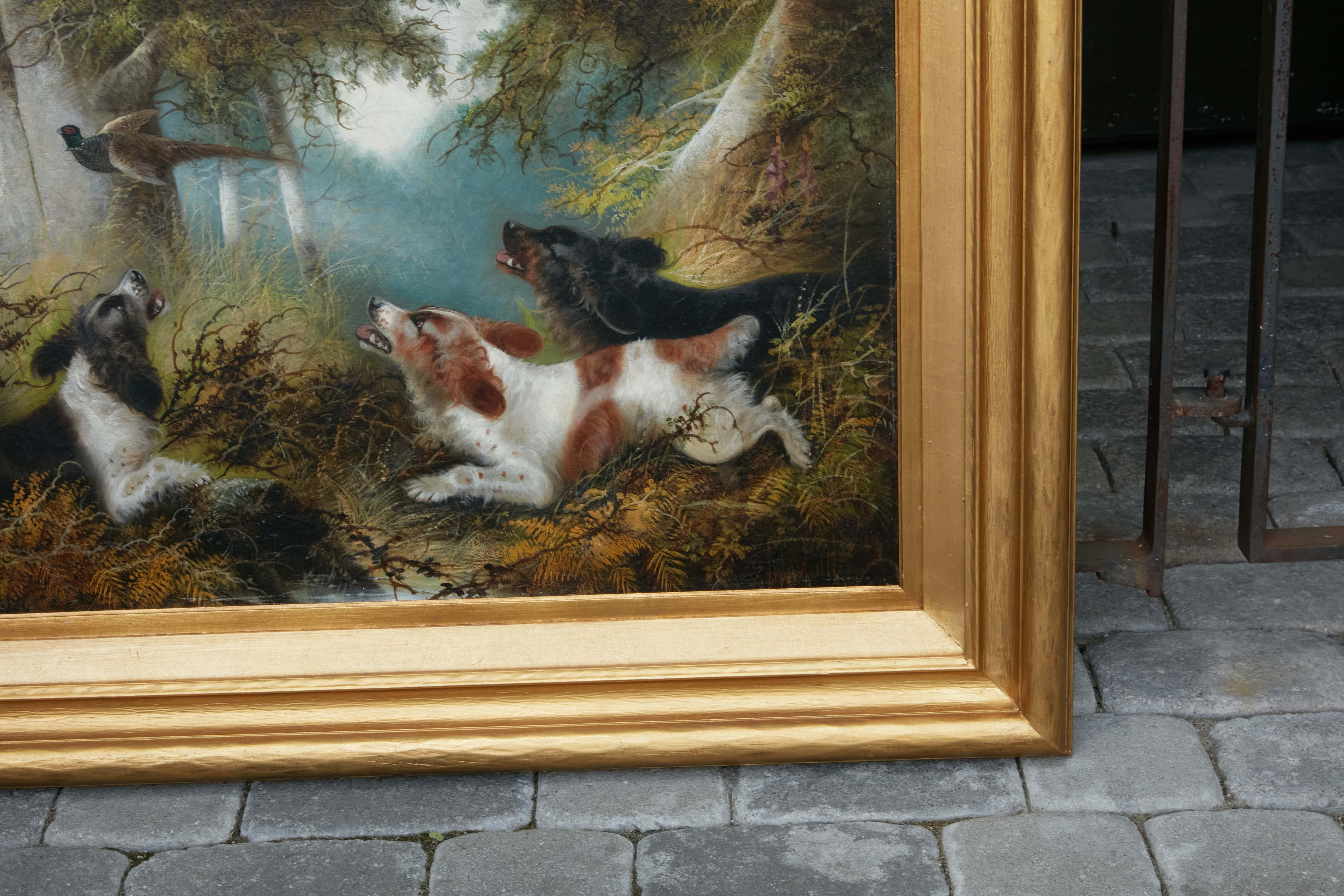 Edward Armfield 19th Century Oil Painting Depicting Dogs Flushing a Pheasant In Good Condition For Sale In Atlanta, GA