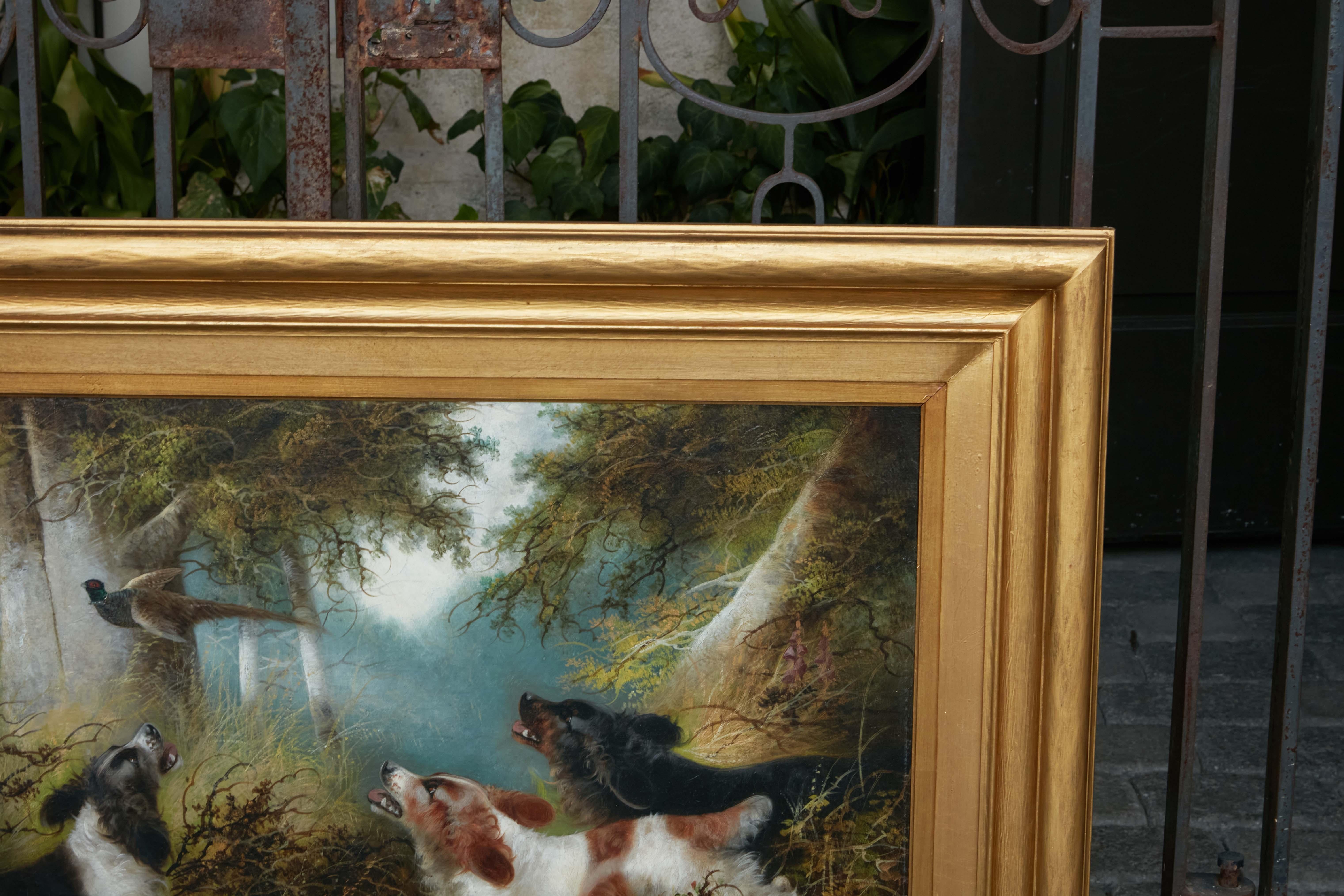 Canvas Edward Armfield 19th Century Oil Painting Depicting Dogs Flushing a Pheasant For Sale