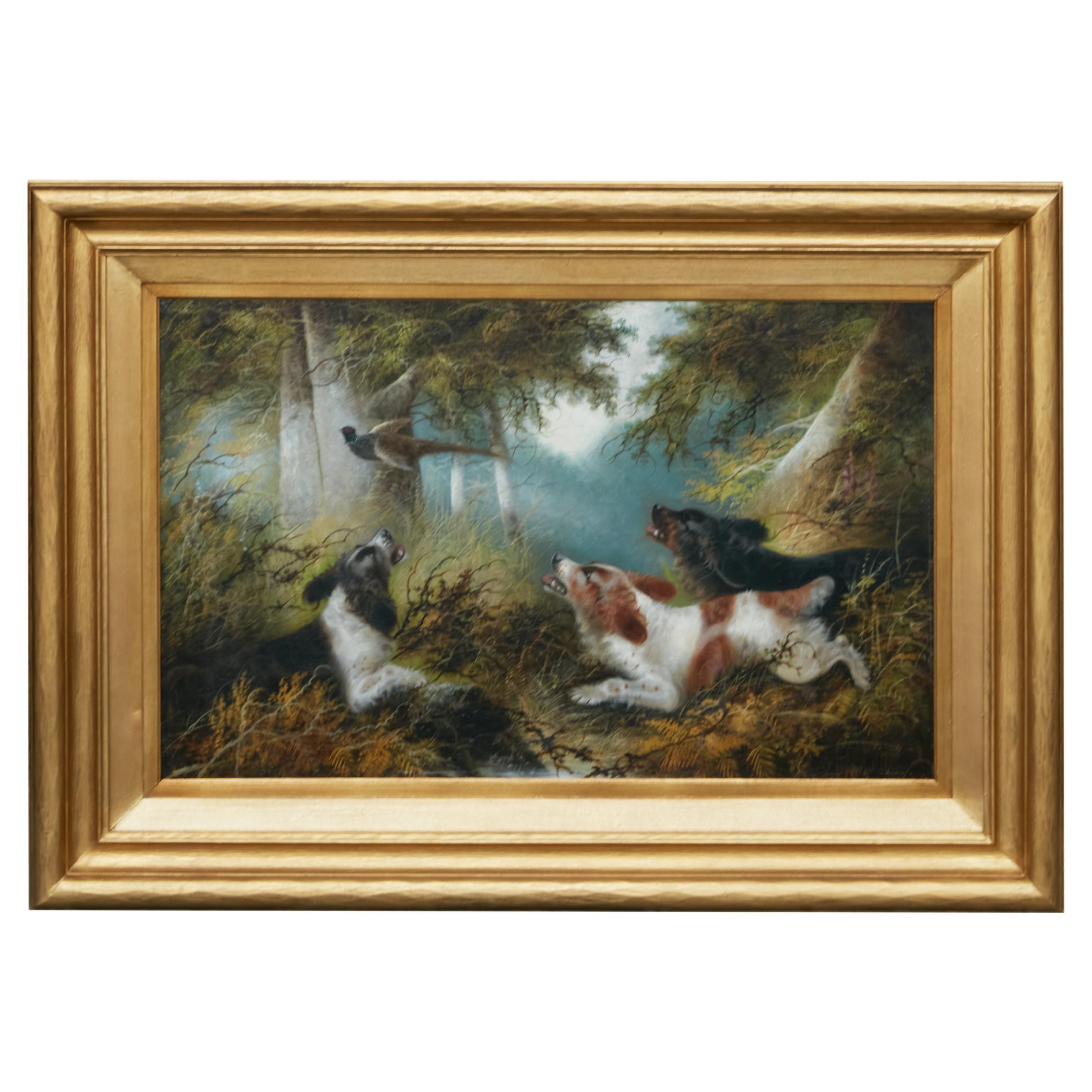 Edward Armfield Pittura ad olio del XIX secolo raffigurante cani che cacciano un fagiano