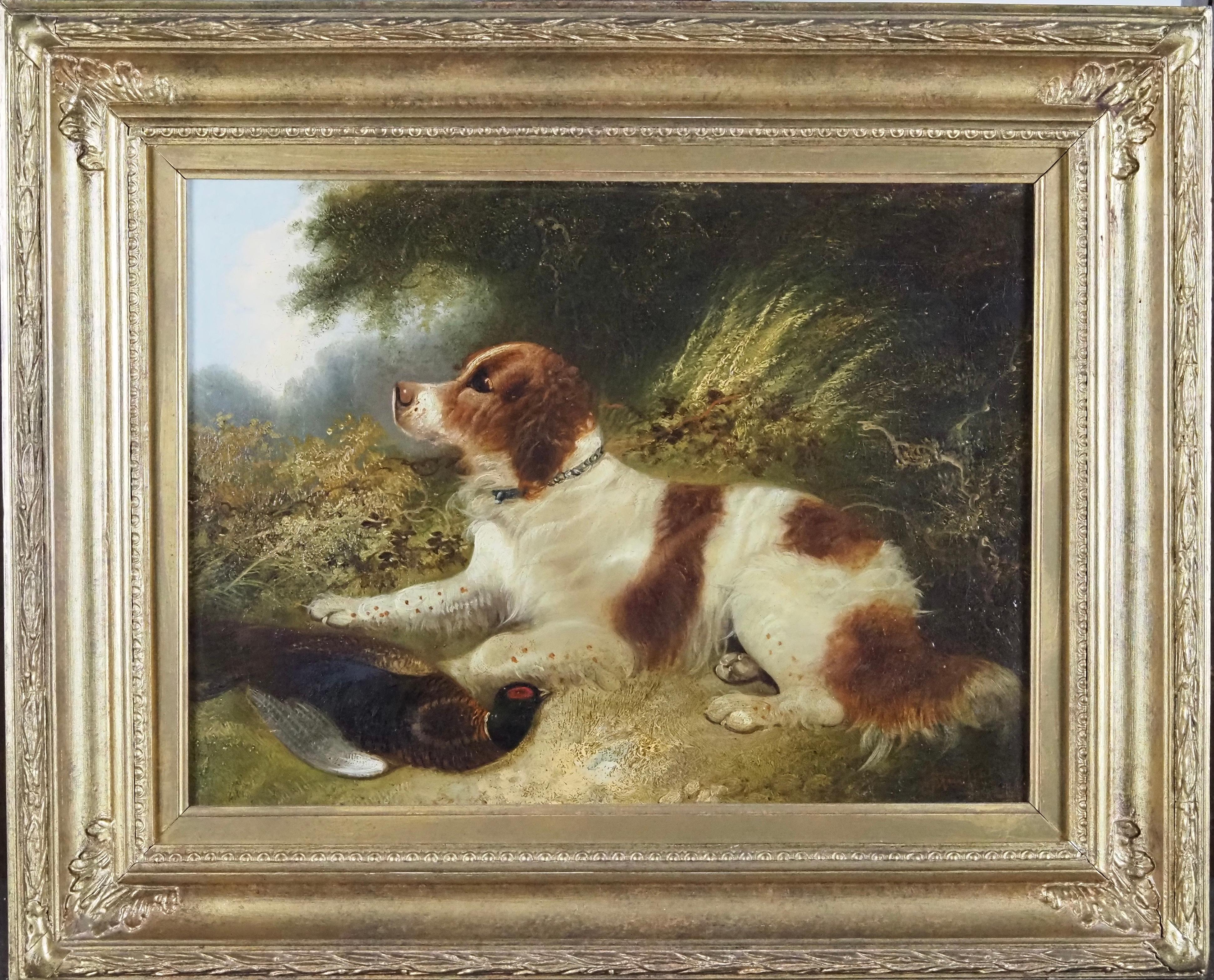 A Spaniel in a landscape, with a pheasant - Victorian Painting by Edward Armfield