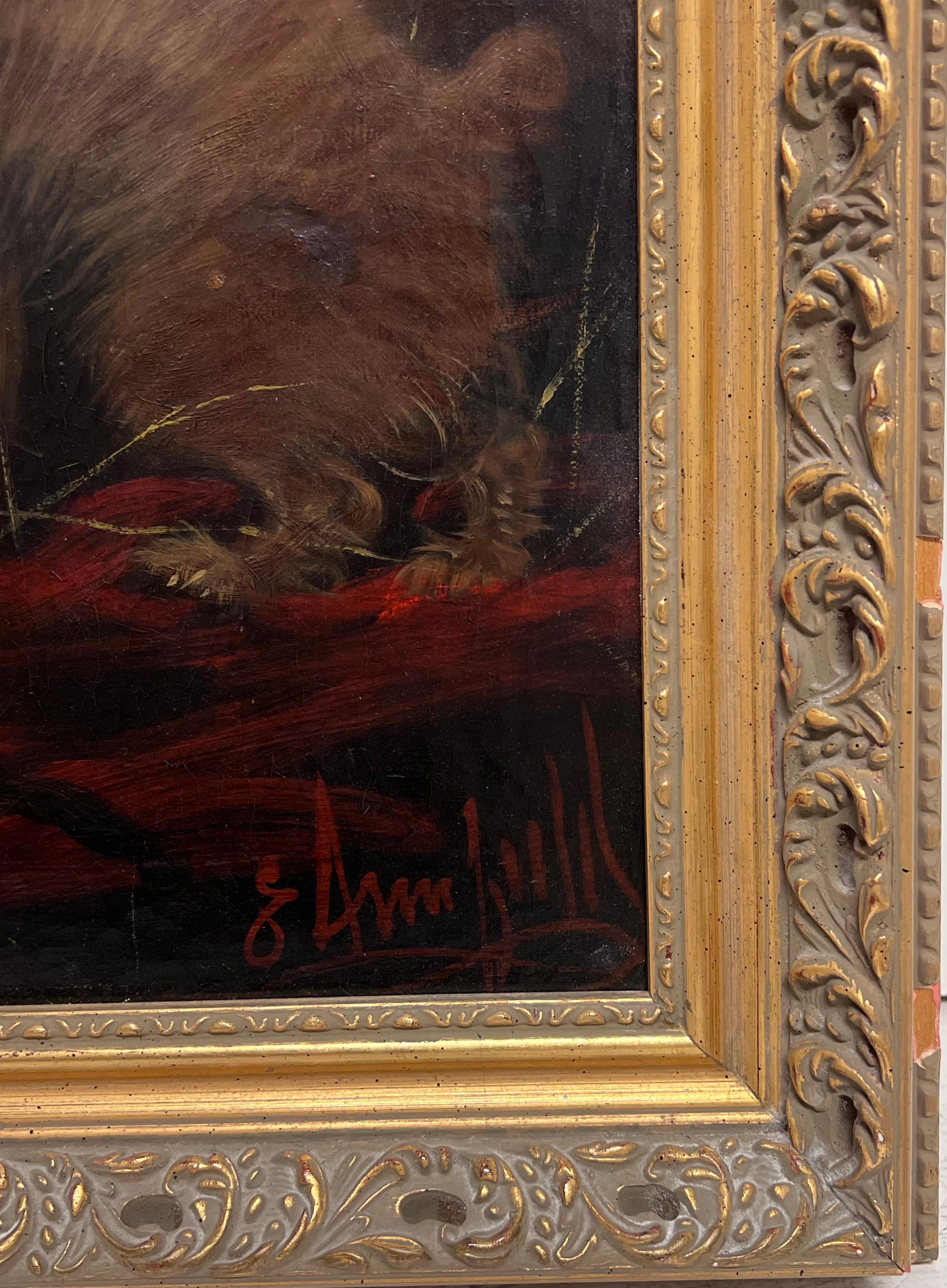 Huge Victorian Dog Oil Painting Terriers in Barn Chasing Mouse in Cage Signed For Sale 1