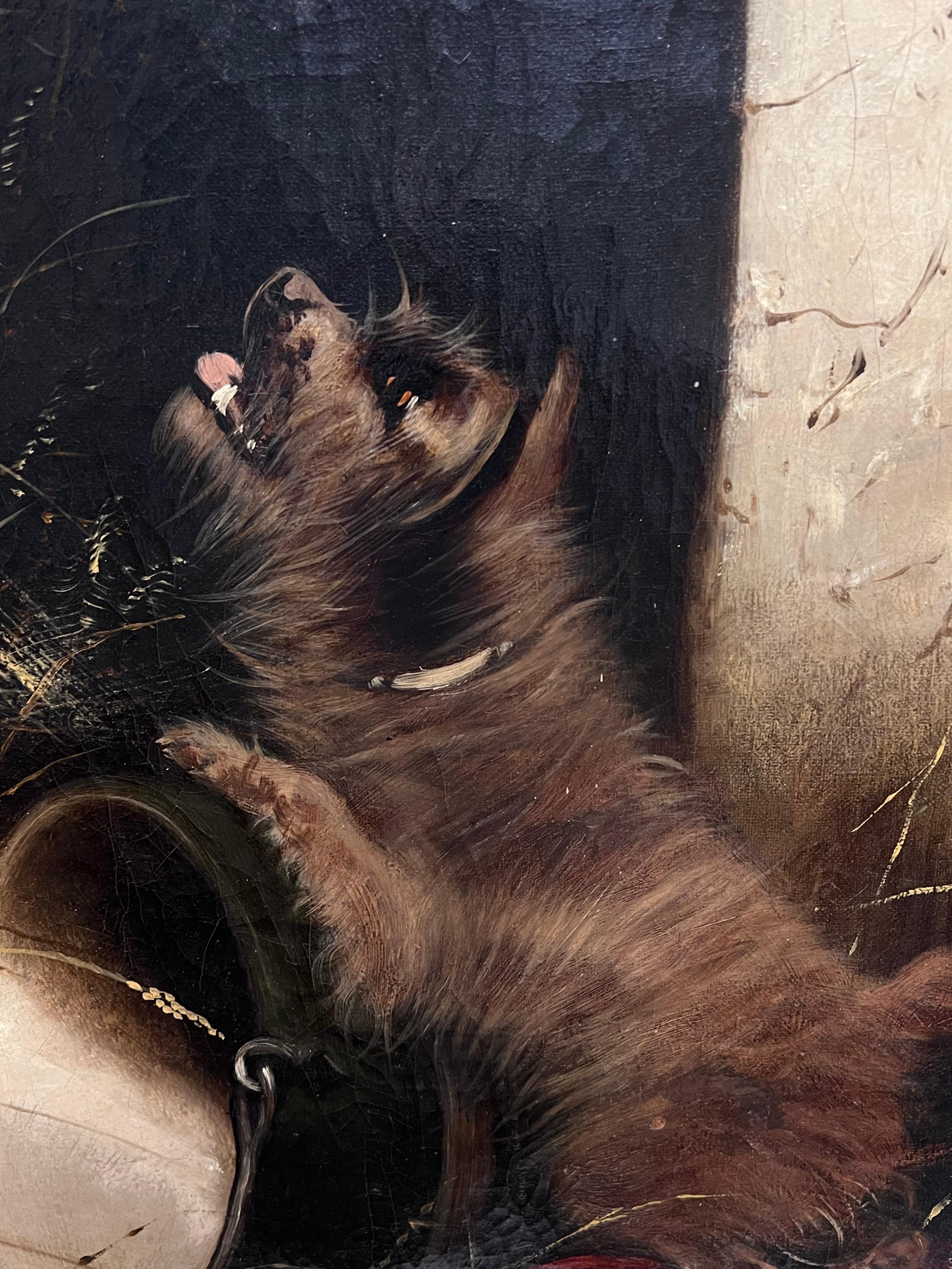Huge Victorian Dog Oil Painting Terriers in Barn Chasing Mouse in Cage Signed For Sale 5