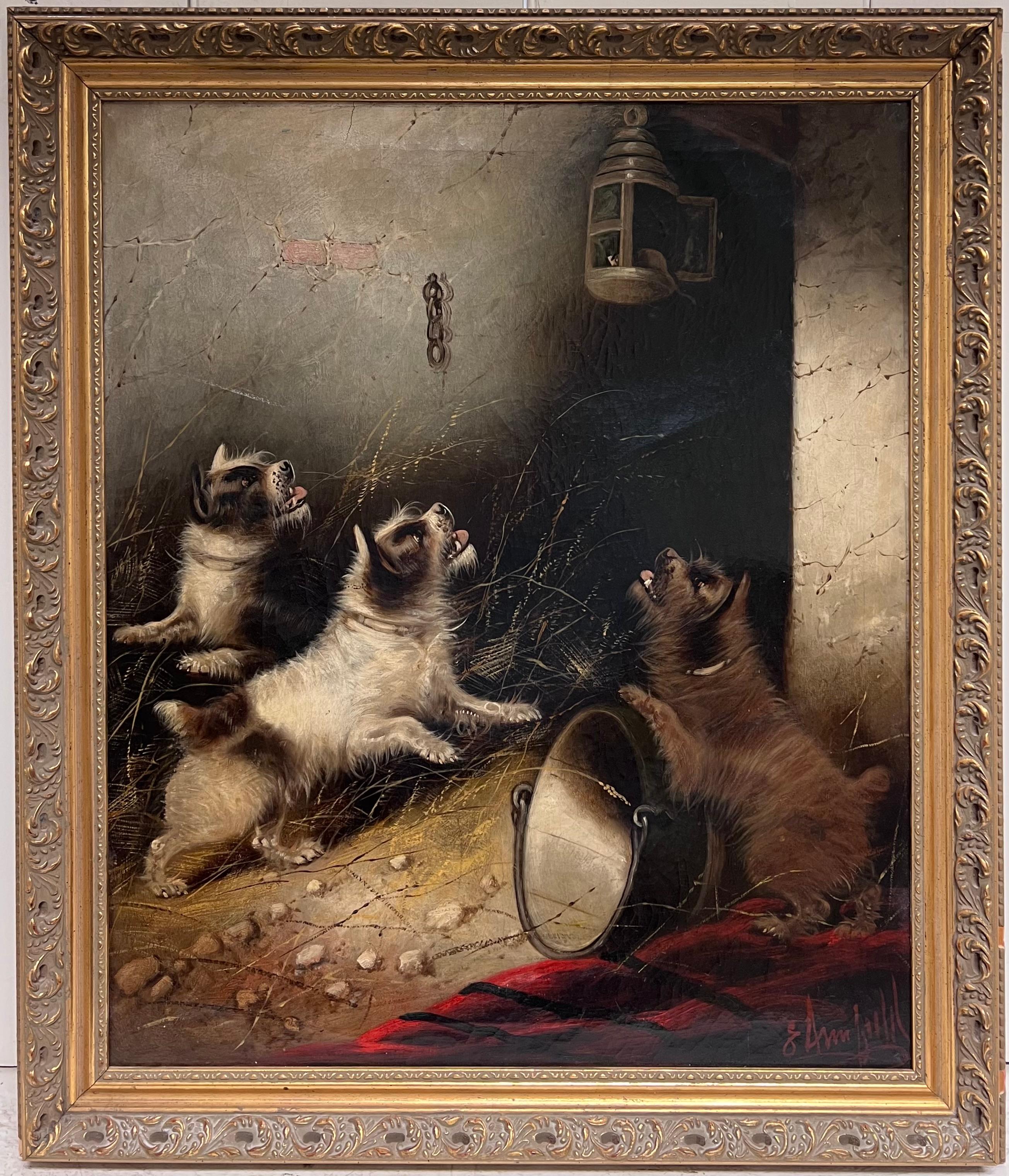 Enorme pintura al óleo victoriana sobre perros Terriers en el granero persiguiendo a un ratón en una jaula Firmado