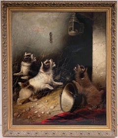 Enorme pintura al óleo victoriana sobre perros Terriers en el granero persiguiendo a un ratón en una jaula Firmado