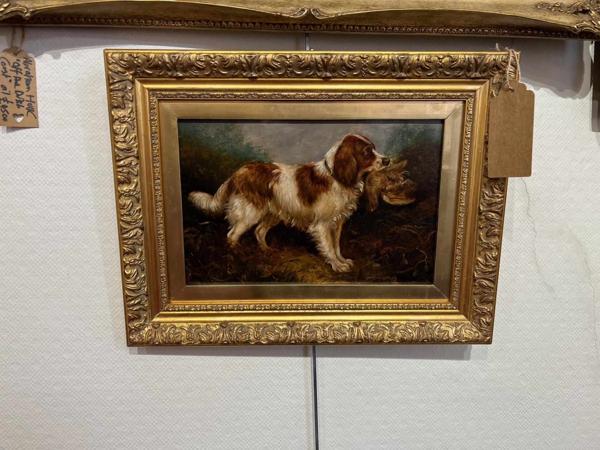 Hunting Dog retrieving Grouse after the shoot, Landscape Oil  in Gilt Frame - Realist Art by Edward Armfield