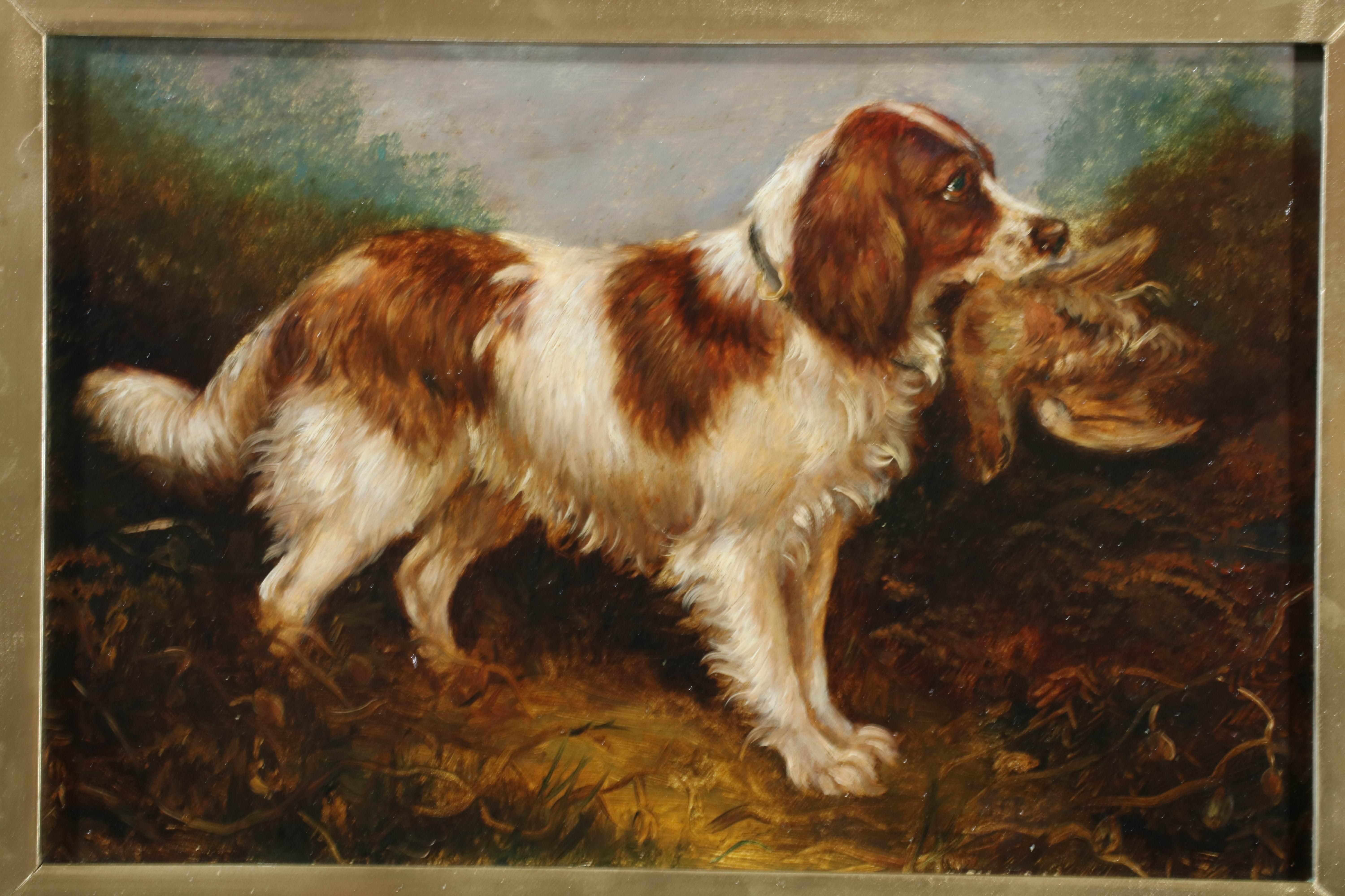 Hunting Dog retrieving Grouse after the shoot, Landscape Oil  in Gilt Frame