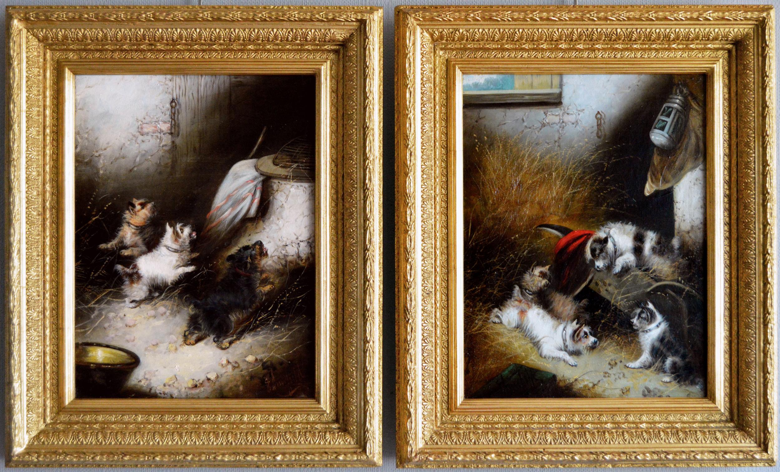 Pair of 19th Century sporting oil painting with terrier dogs 