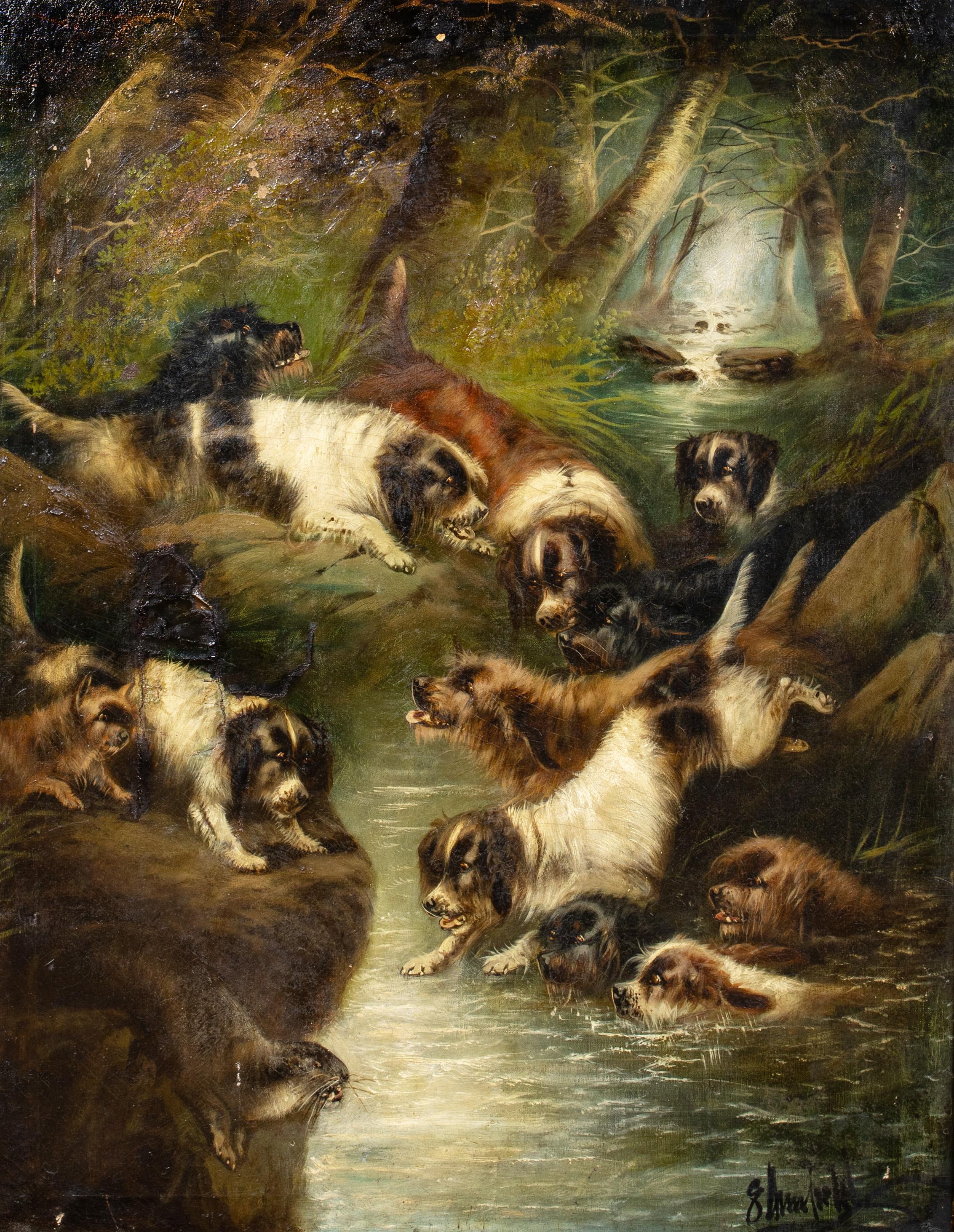 La chasse aux otters, datée de 1901 - Marron Landscape Painting par Edward Armfield